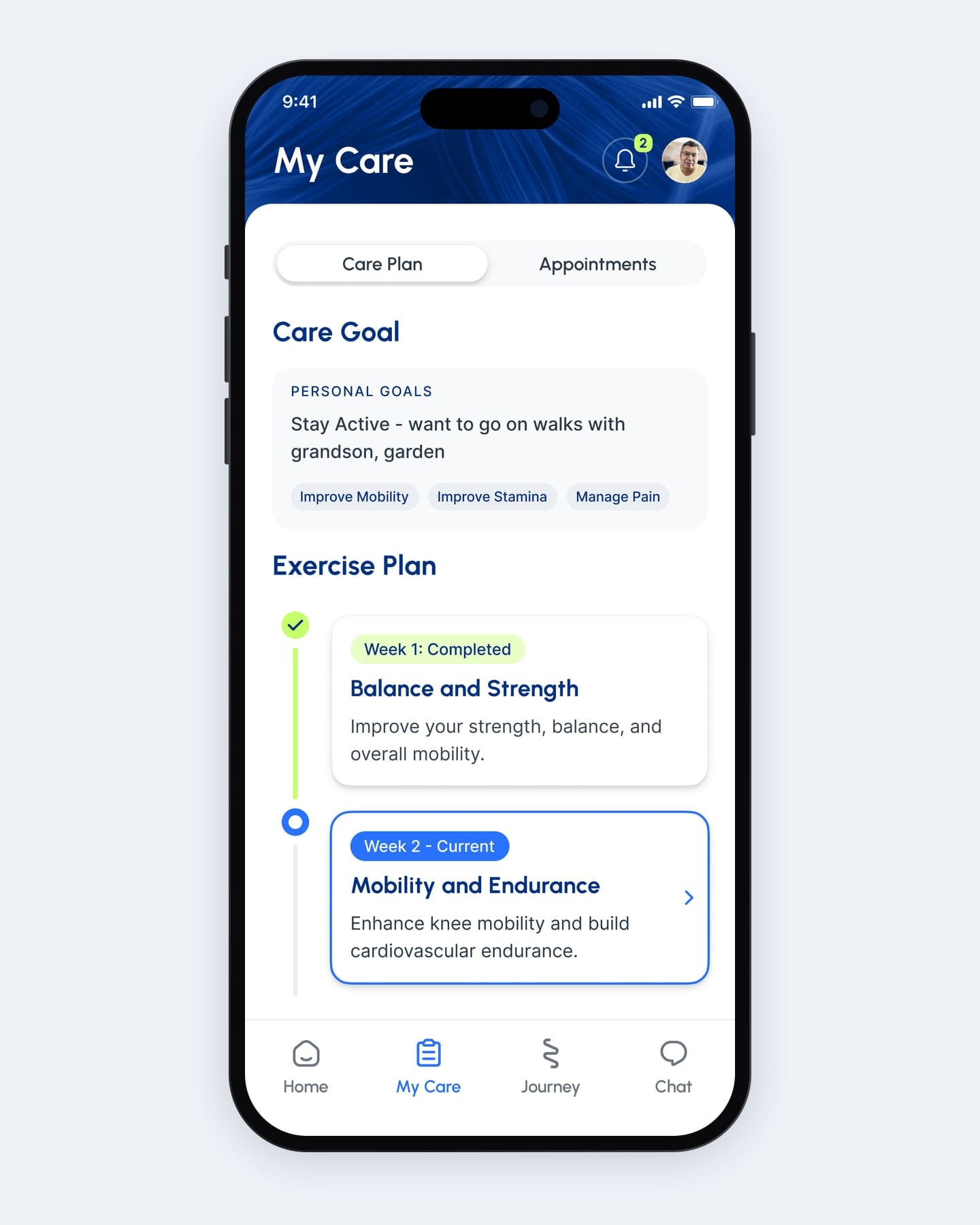 Final My Care: Care Plan tab with the personal goal and a weekly plan showing week one completed and week two current.