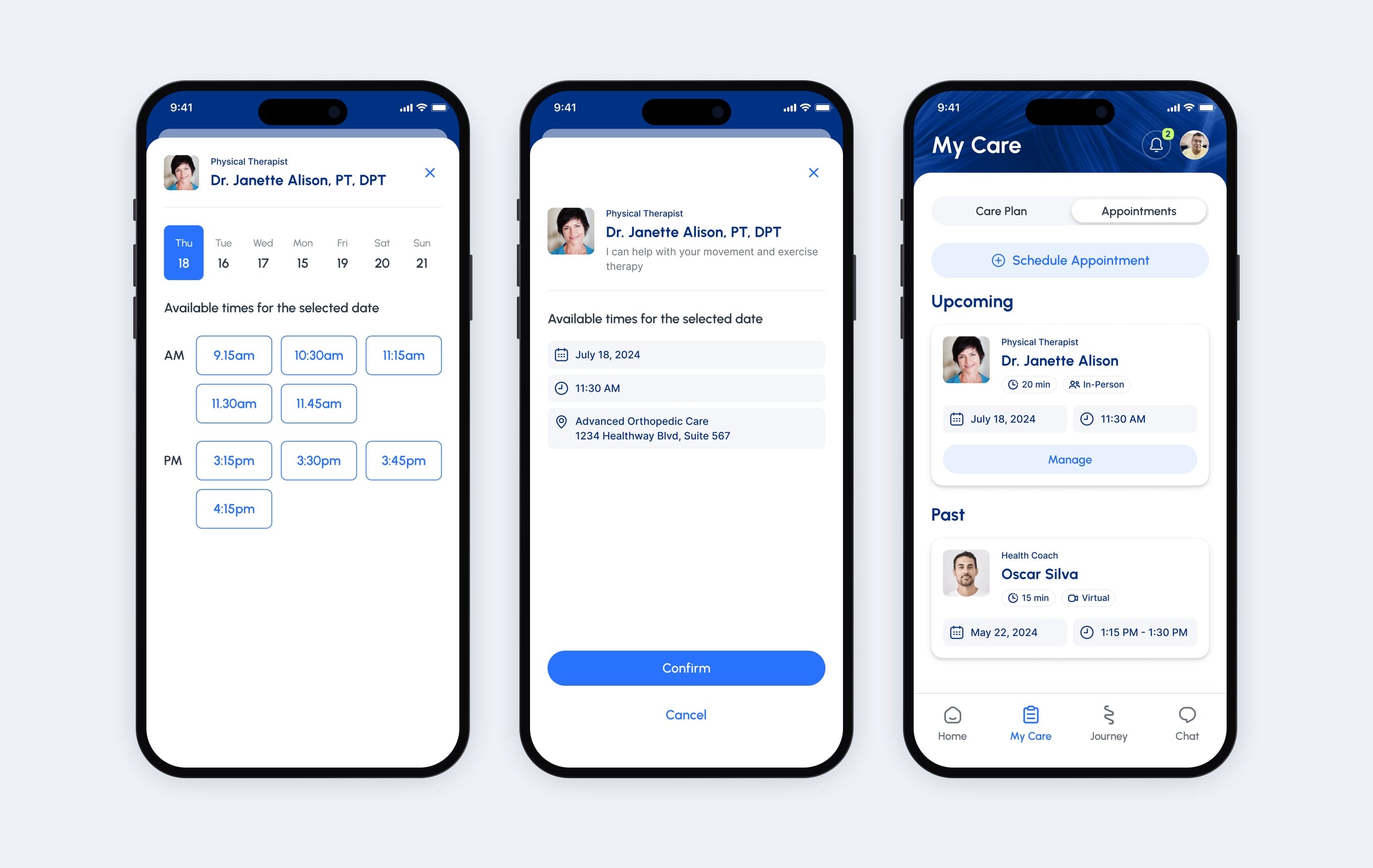 Three Movido phones: a therapist’s AM and PM slots, a confirmation with the clinic address, and the session under Upcoming.