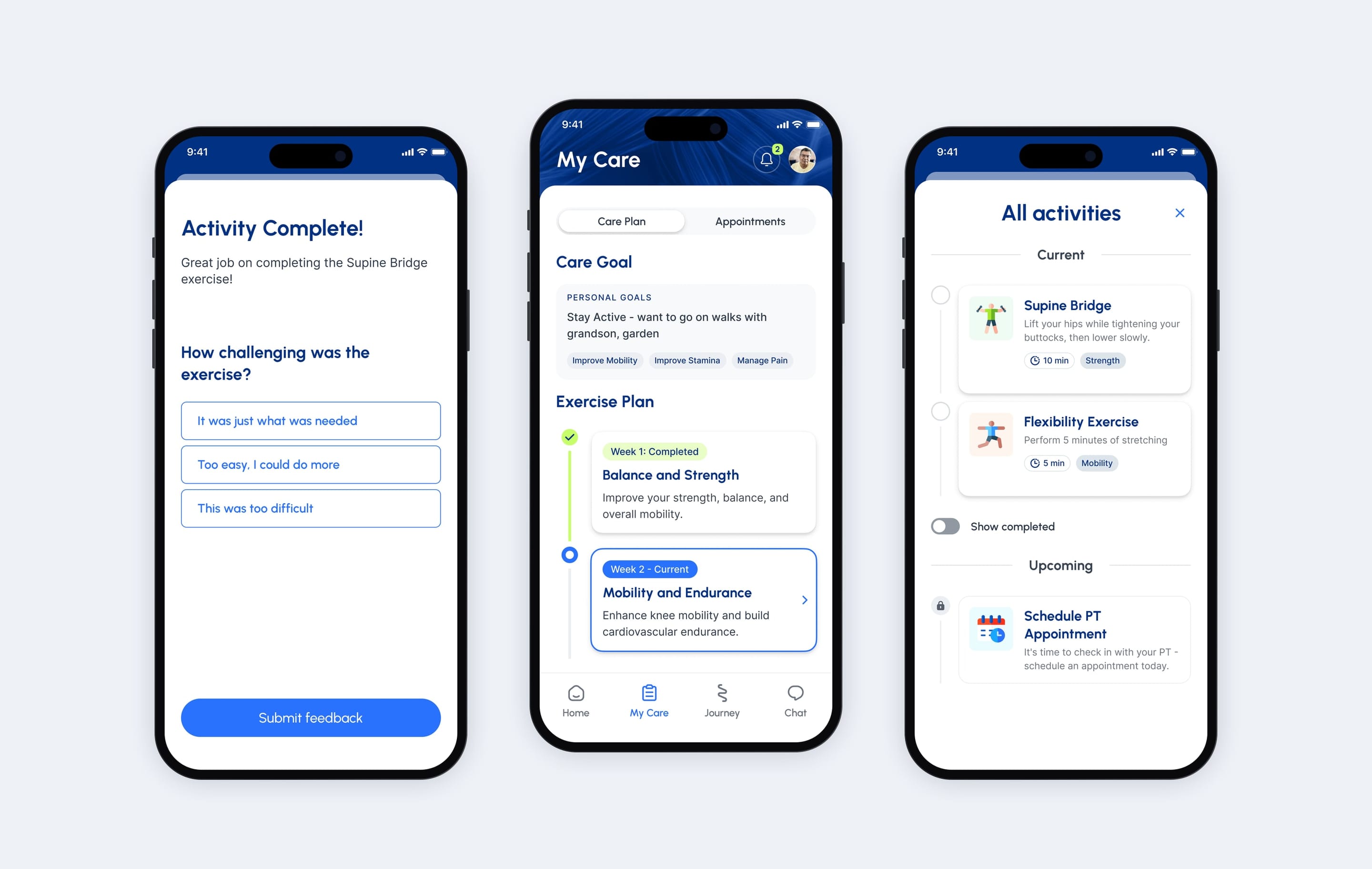 Three Movido phones: the activity feedback question, the weekly care plan and the list of all activities.