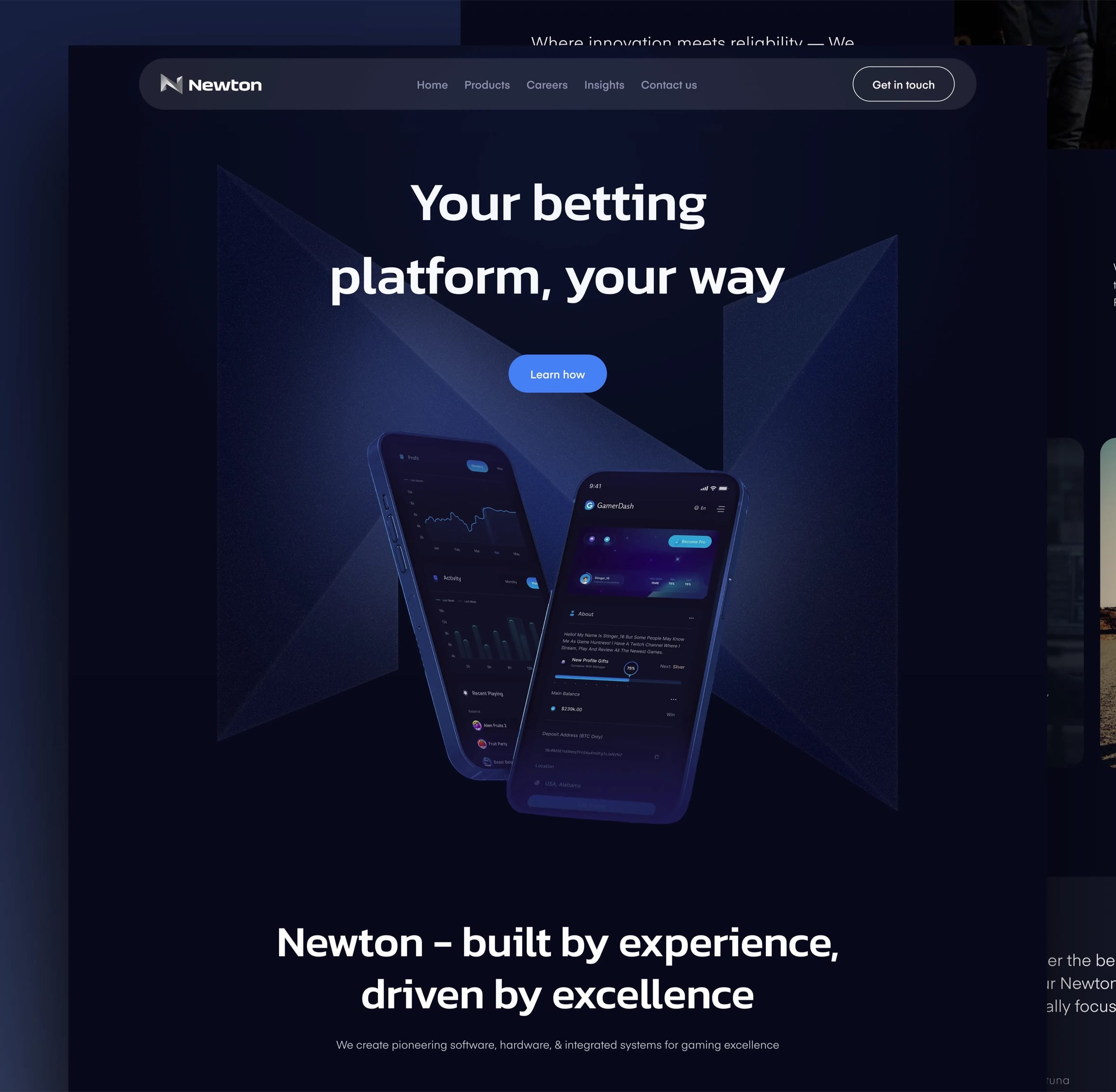 The Newton homepage in dark navy: “Your betting platform, your way” above two phones showing the platform.