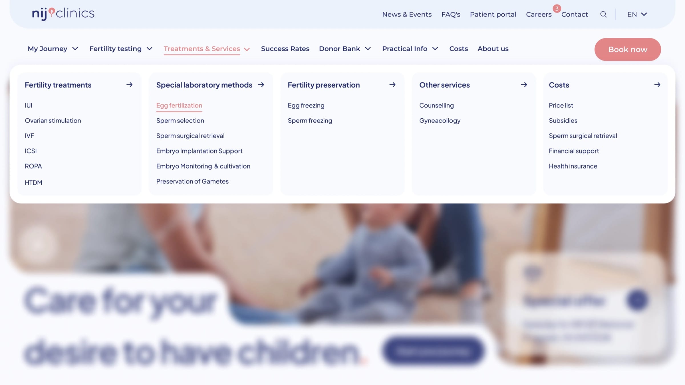 The Nij Clinics mega menu open over the homepage, listing fertility treatments, fertility preservation and costs.