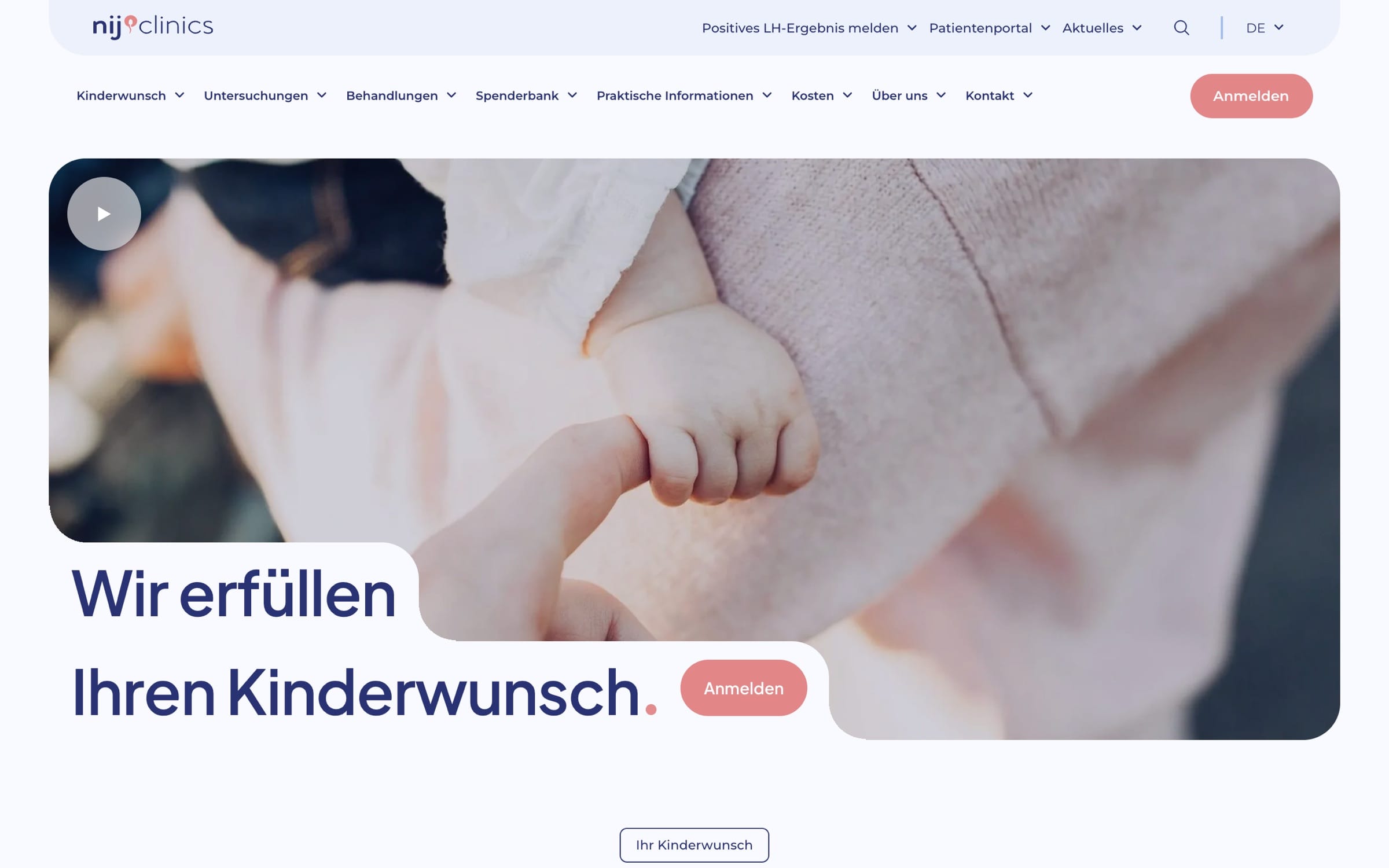A scroll through the German Nij Clinics homepage, from a baby’s hand under “Wir erfüllen Ihren Kinderwunsch” to the news.