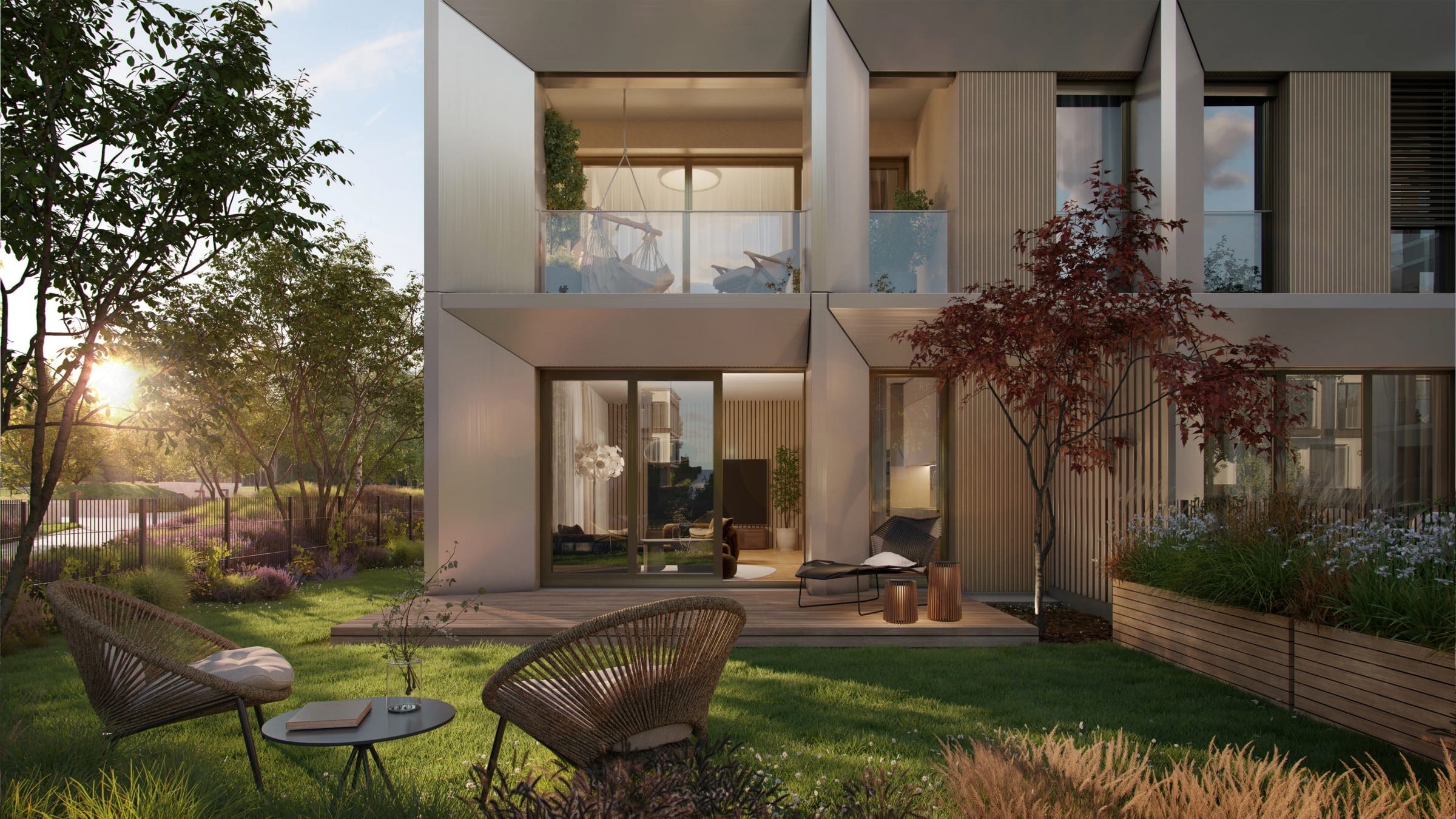 BRIQUE visualisation: a terraced house with a glazed ground floor opening onto a garden terrace.