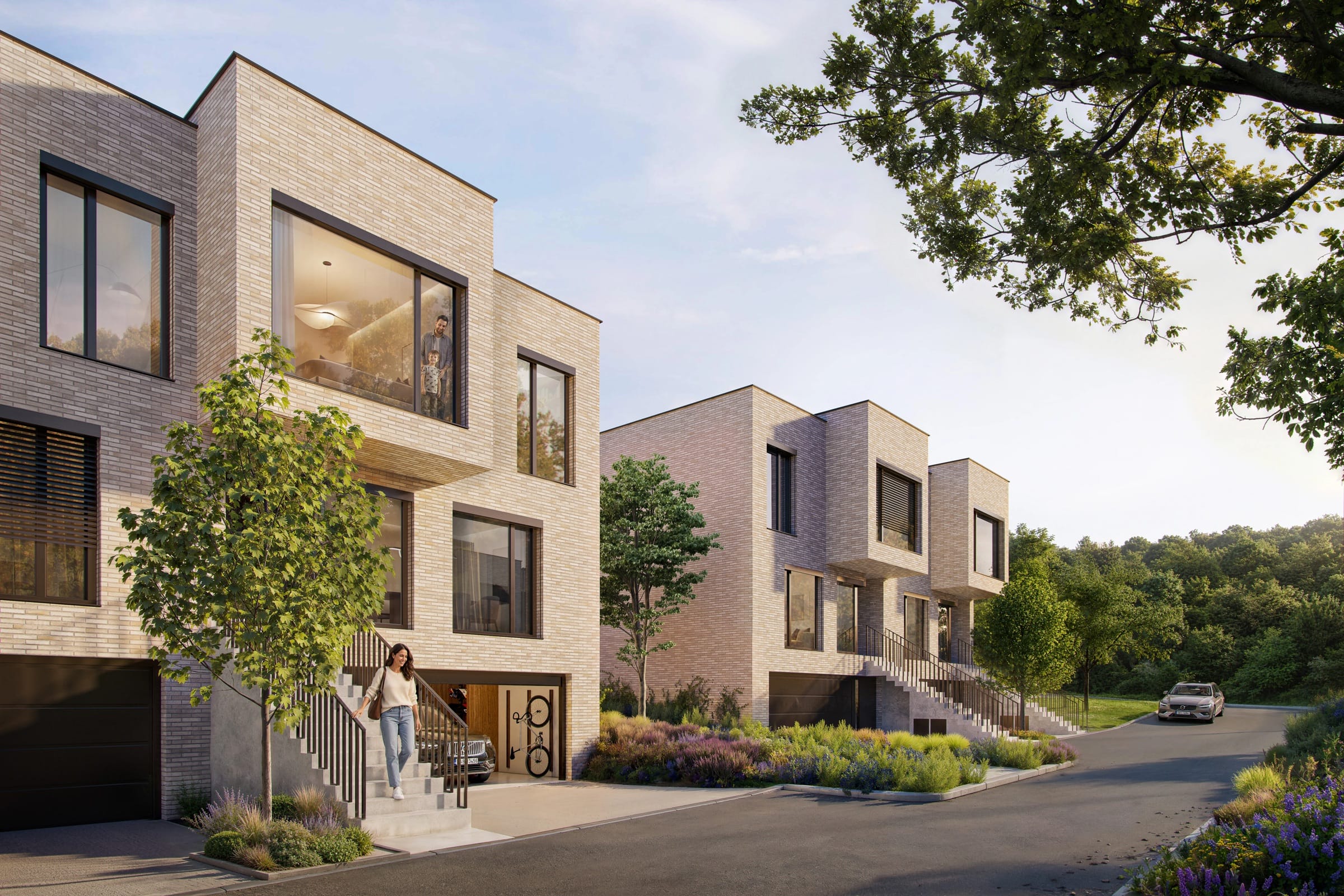 BRIQUE visualisation: brick terraced houses with entrance stairs along a quiet residential street.