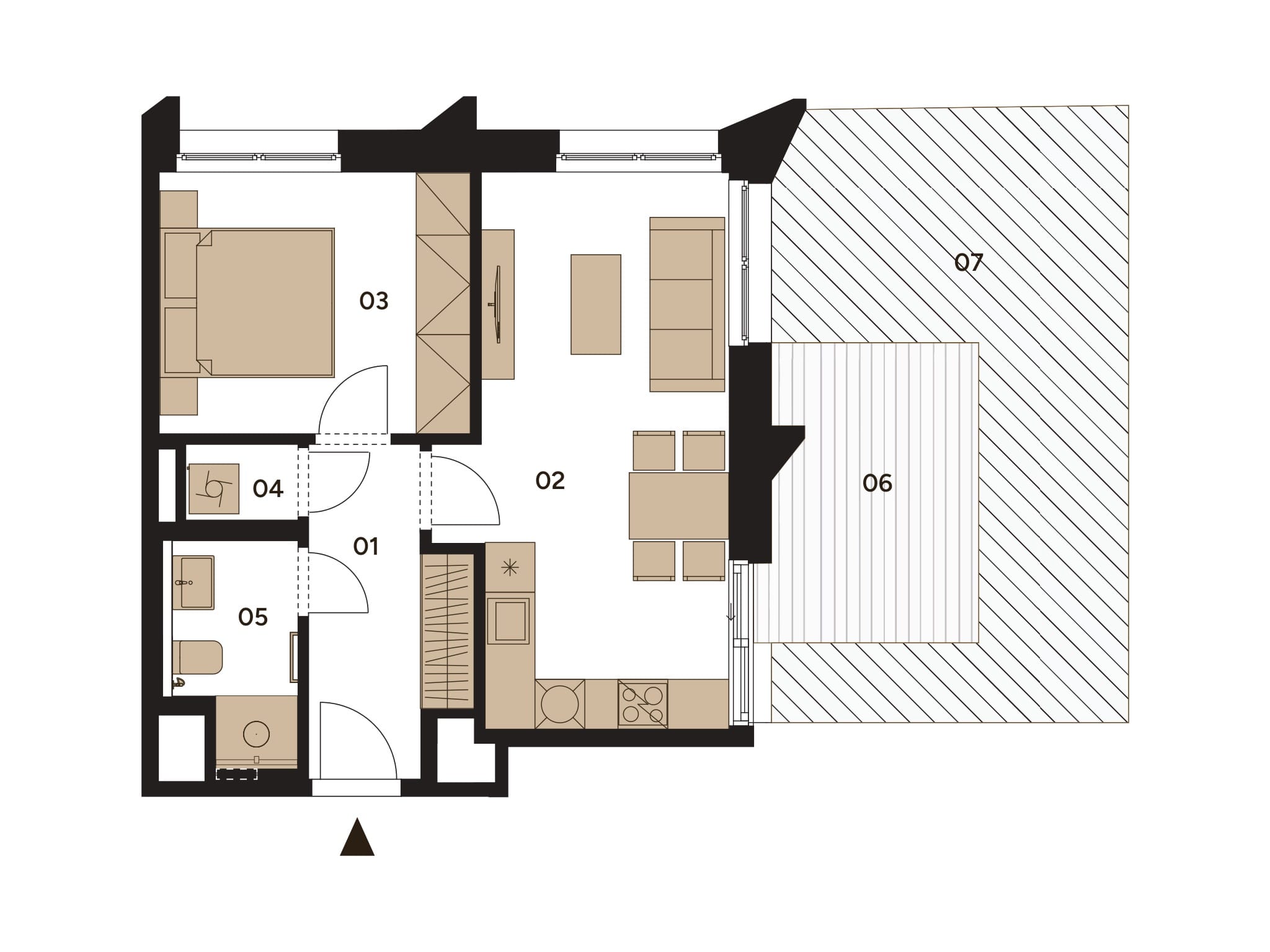 Furnished plan of apartment A.101 with a terrace and garden.