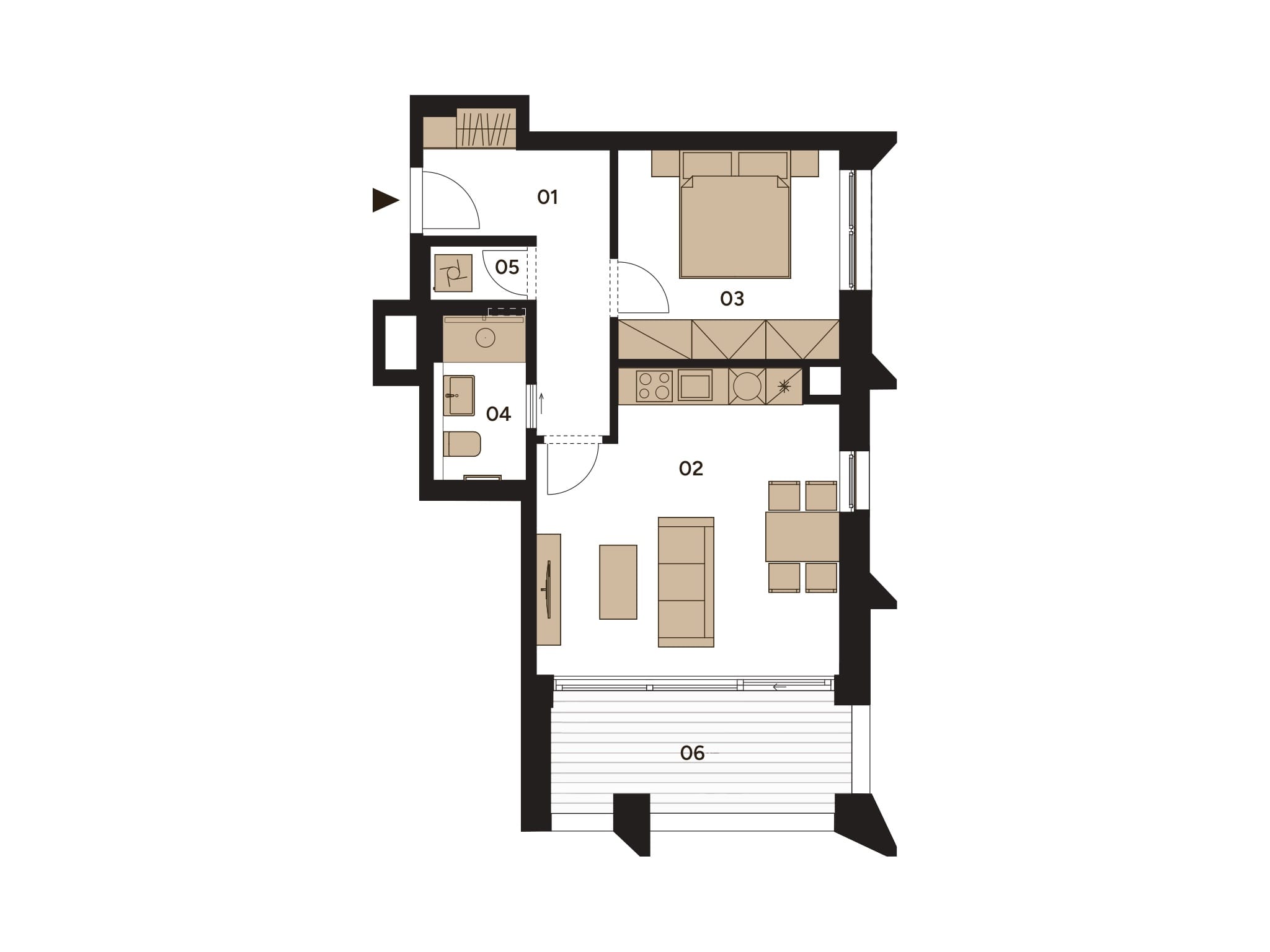 Furnished plan of apartment F.202 with a balcony.