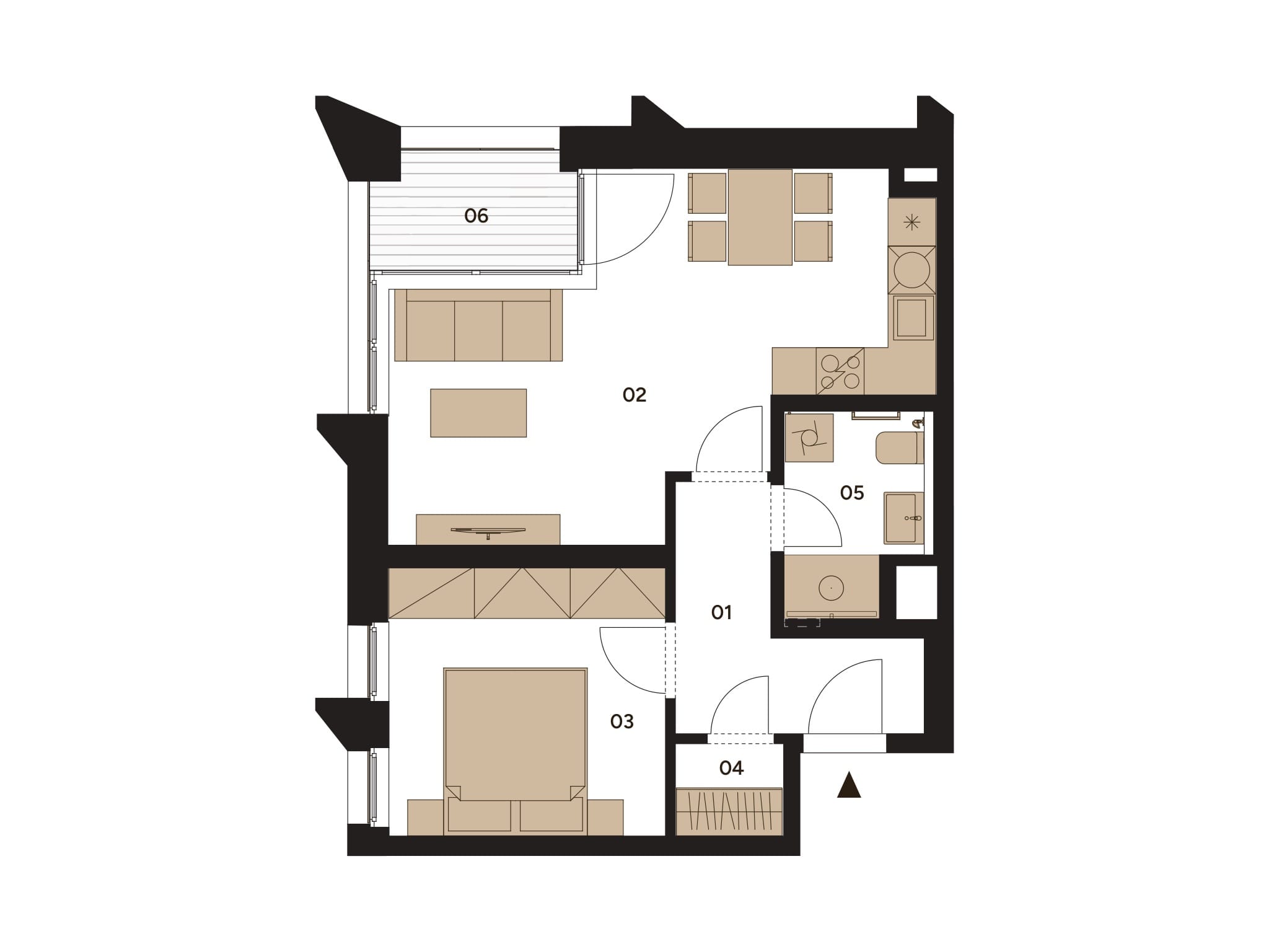 Furnished plan of apartment C.603 with a balcony.