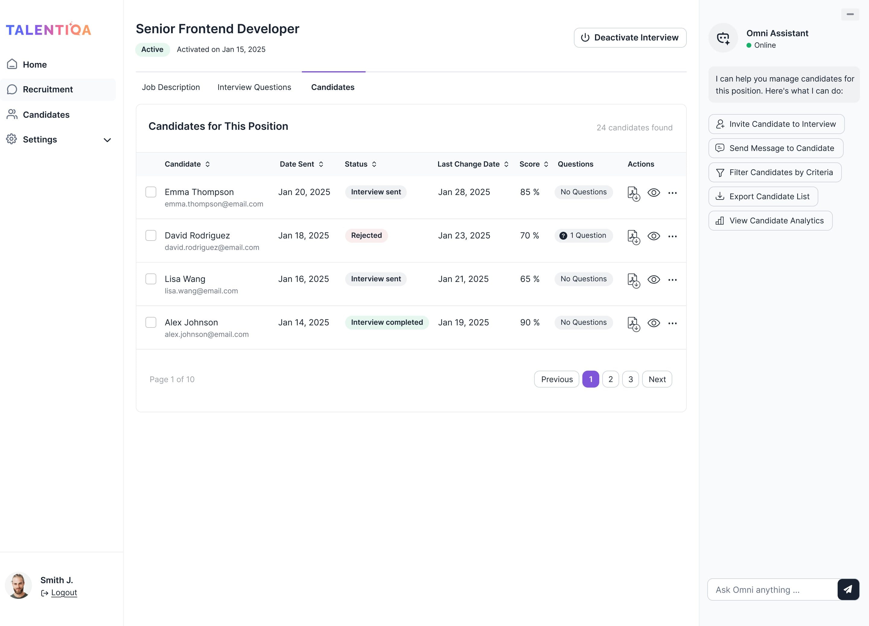 Talentiqa web app: Senior Frontend Developer candidates with statuses and scores from 65 to 90%, beside an assistant panel.