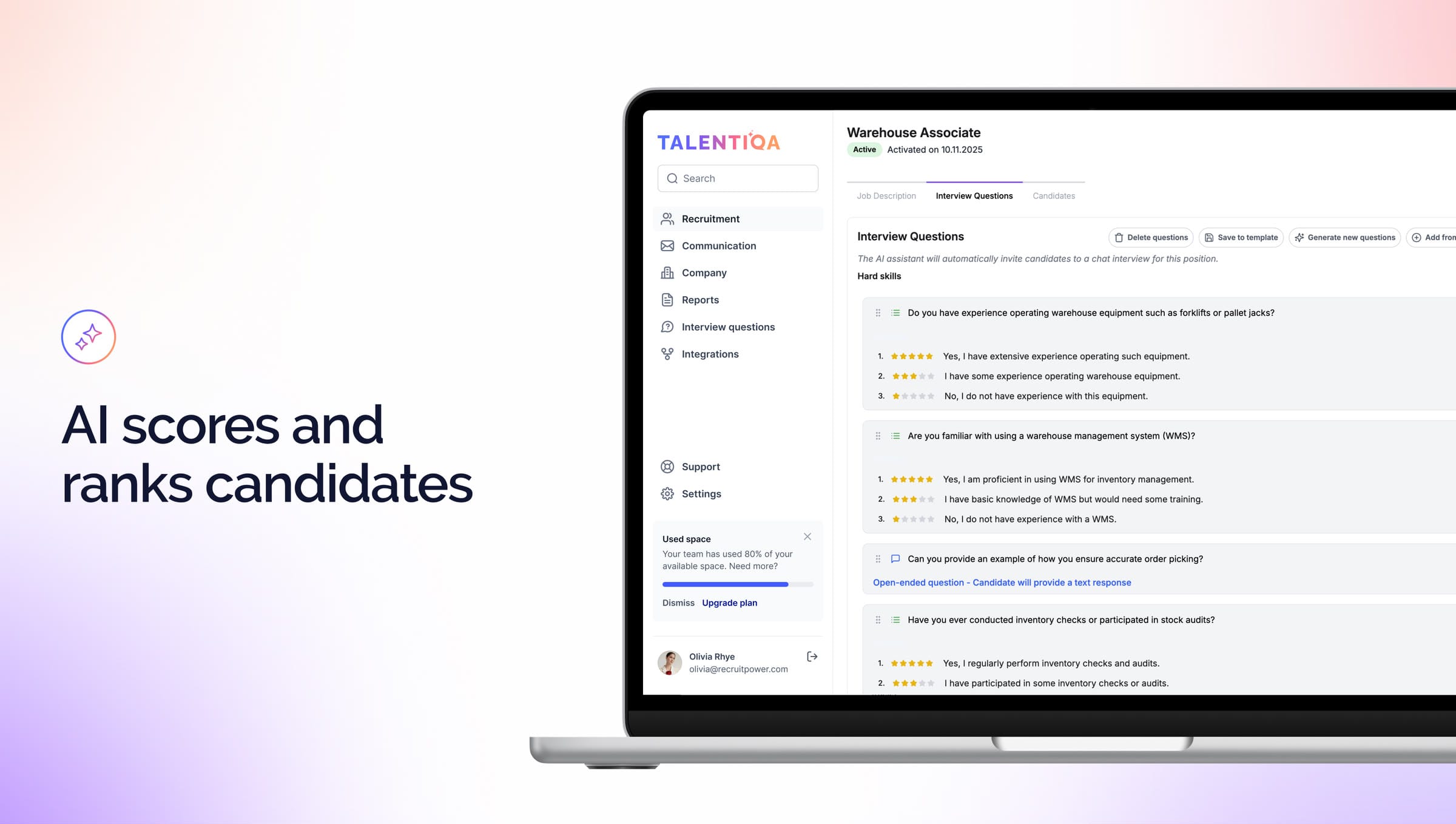 Talentiqa on a laptop, “AI scores and ranks candidates”: Warehouse Associate questions with star-rated example answers.