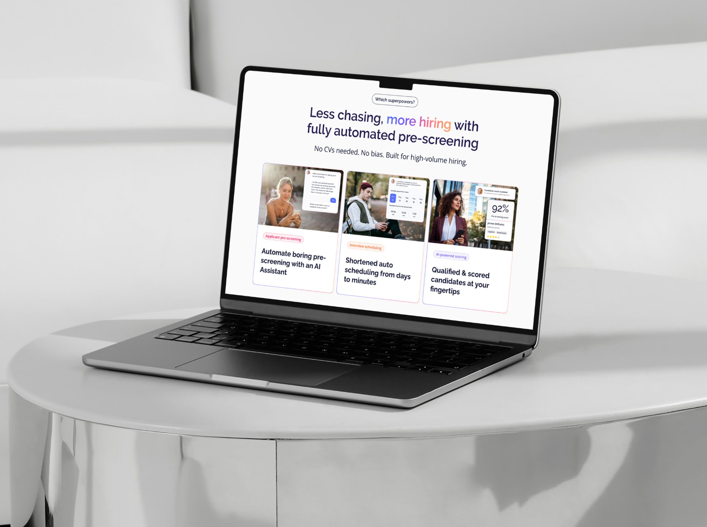 The Talentiqa website on a laptop: “Less chasing, more hiring with fully automated pre-screening” above three feature cards.