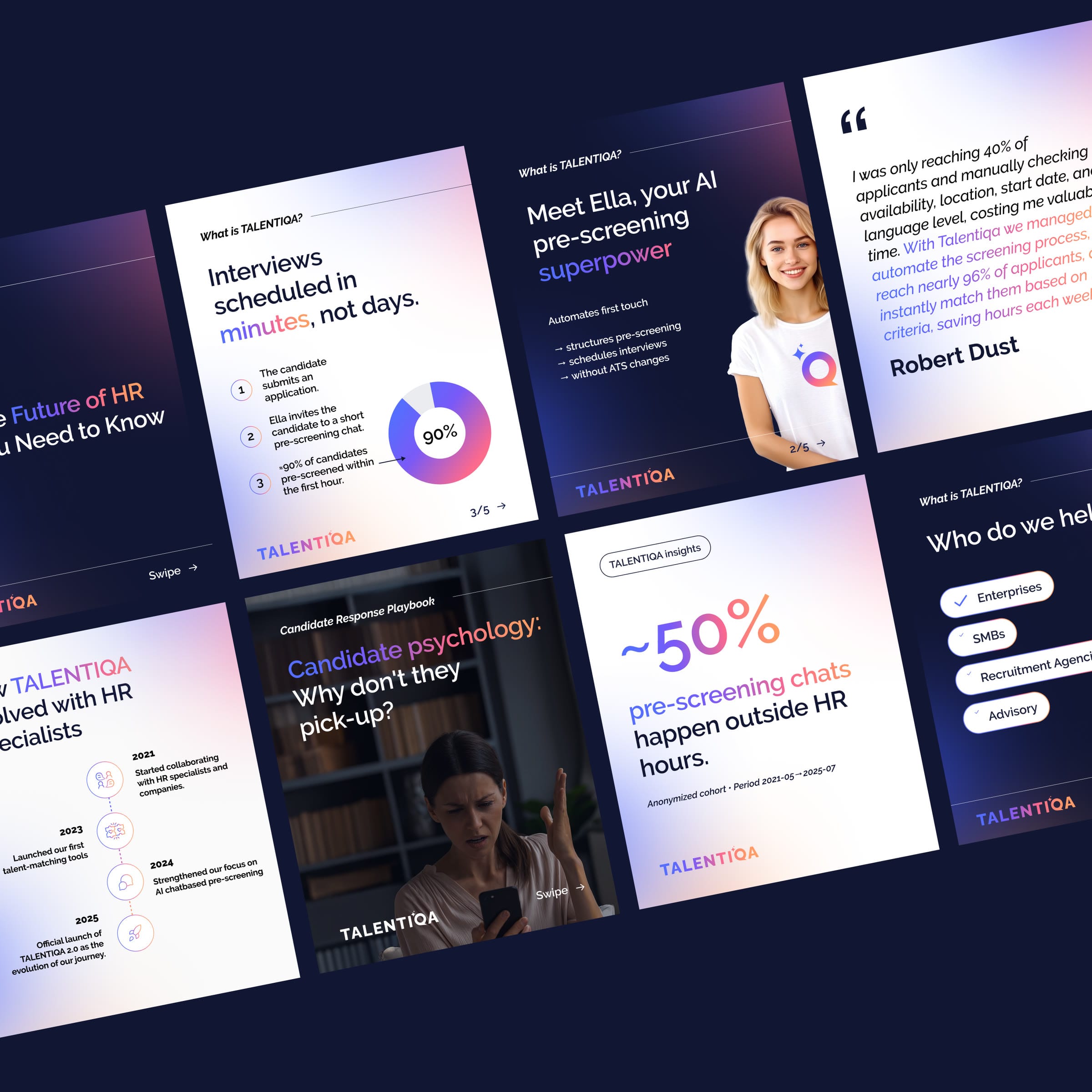 A grid of Talentiqa social media posts on navy and gradient grounds, including Meet Ella and a customer quote.
