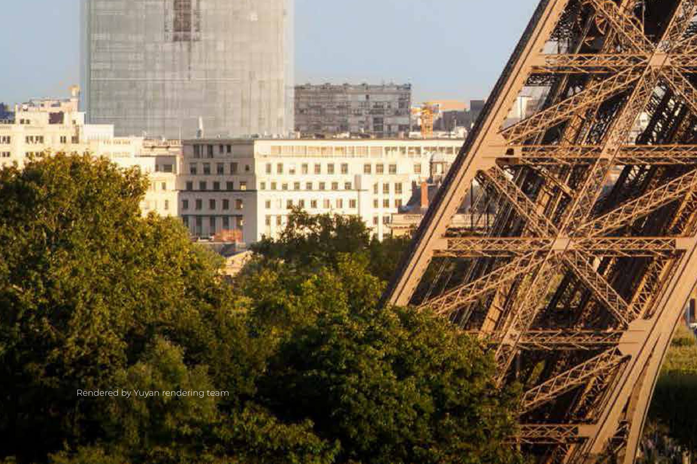Render looking across the Paris rooftops at golden hour: the re-clad tower stands pale and reflective behind a row of Haussmann buildings and trees, with the ironwork of one Eiffel Tower leg crossing the right of the frame.
