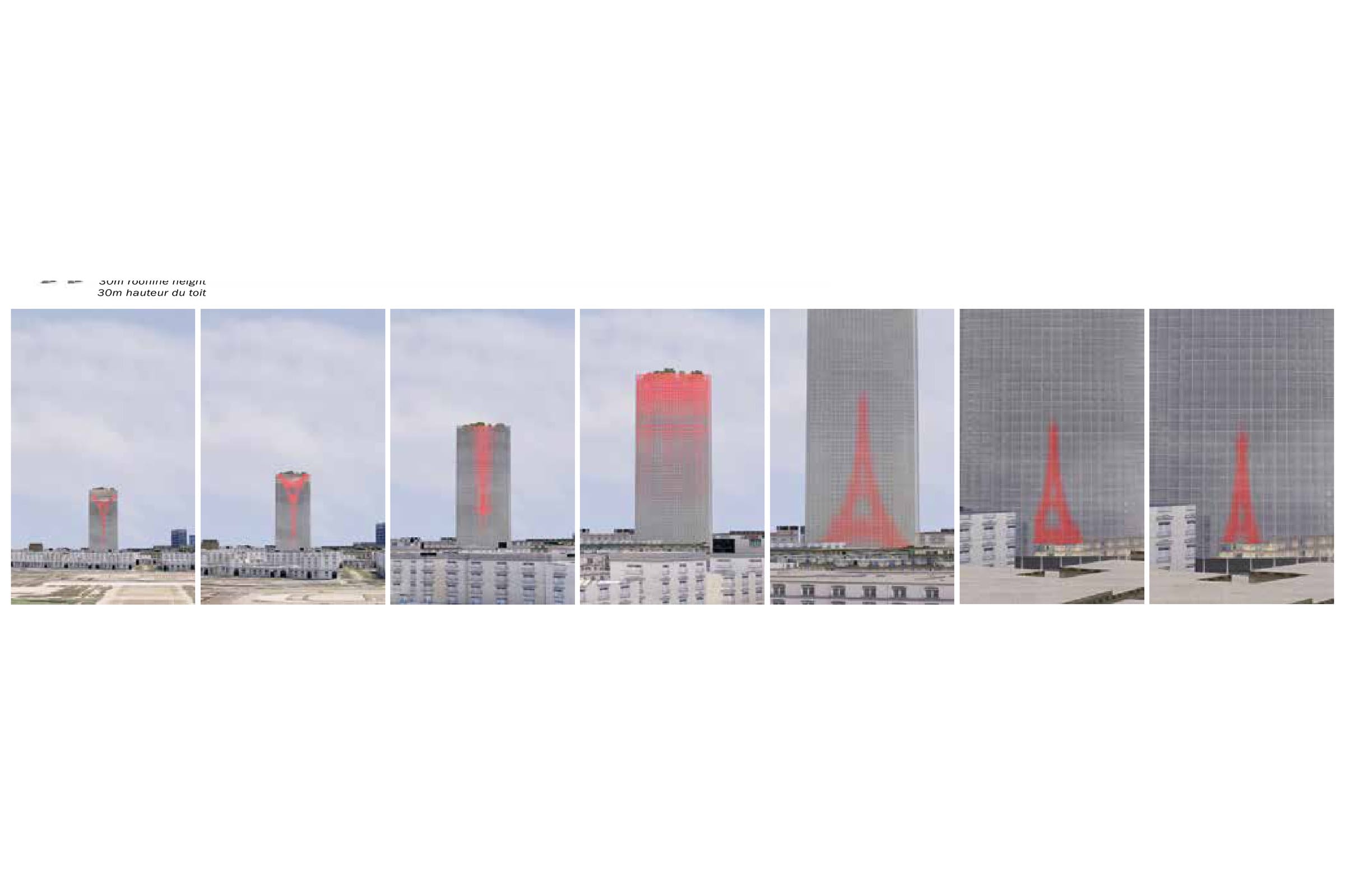 A strip of seven photographic montages of the same tower seen from progressively closer distances, each labelled with a distance from 2600 m down to 150 m, with a red Eiffel Tower reflection appearing on the façade and changing orientation and scale across the series.
