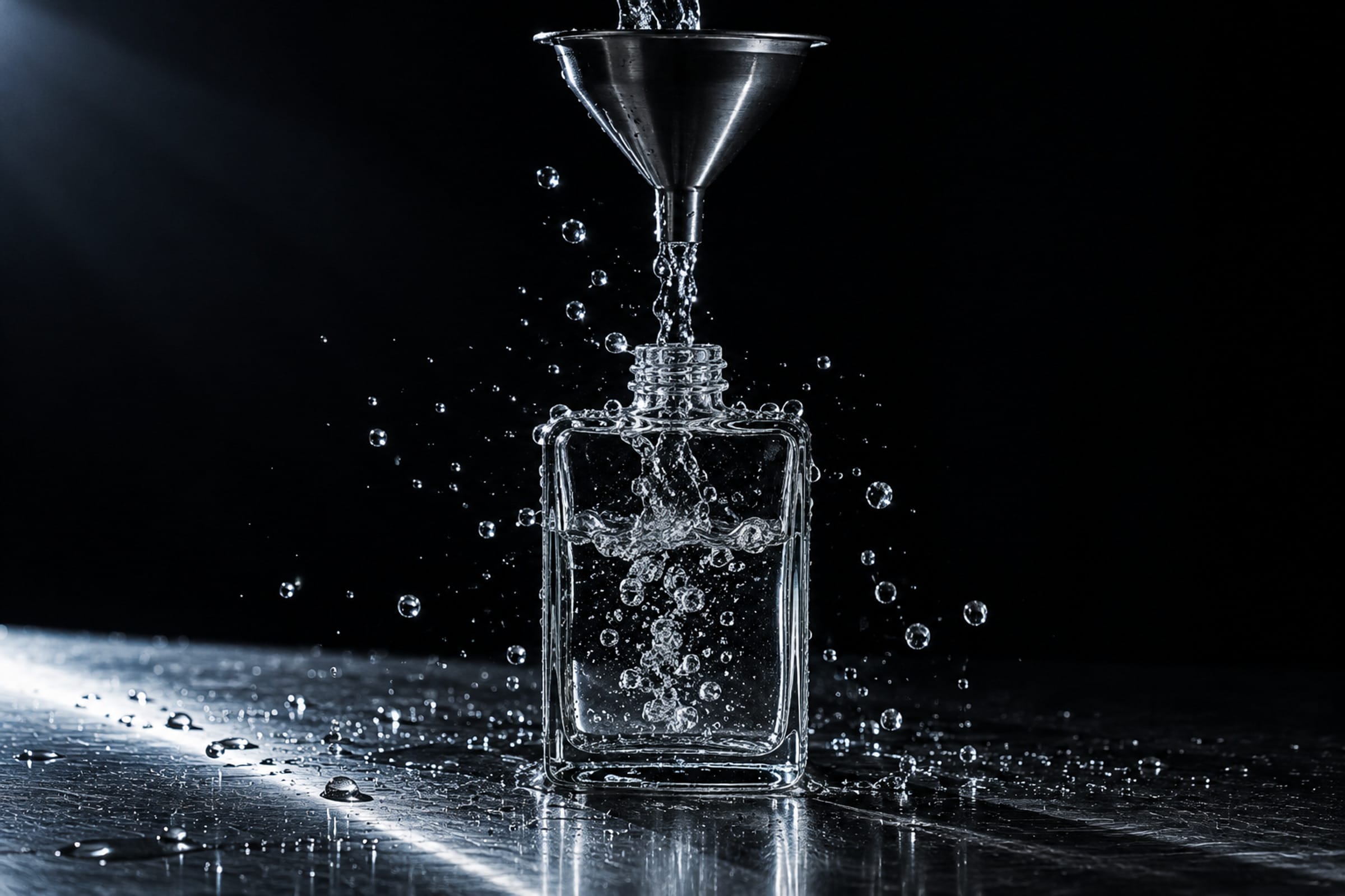 AI-generated visual: a bare glass bottle on wet steel, almost black around it, being filled from a steel funnel — a clear column of water falling into it and droplets scattering, lit by one hard cold light.
