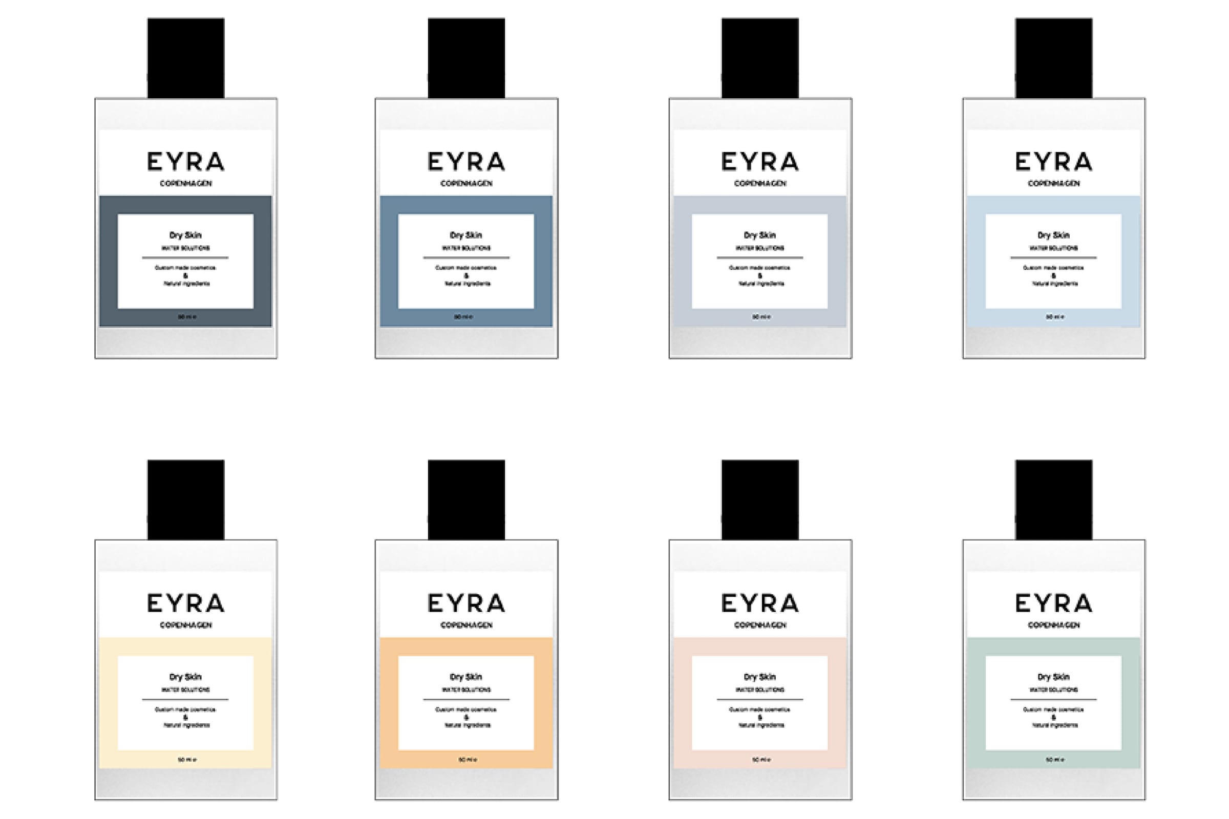 Eight bottle mockups in two rows of four, each with a solid colour field filling the lower two-thirds of the label and a white type panel inset within it, in dark slate, blue, pale grey-blue, light blue, cream, amber, blush and sage.
