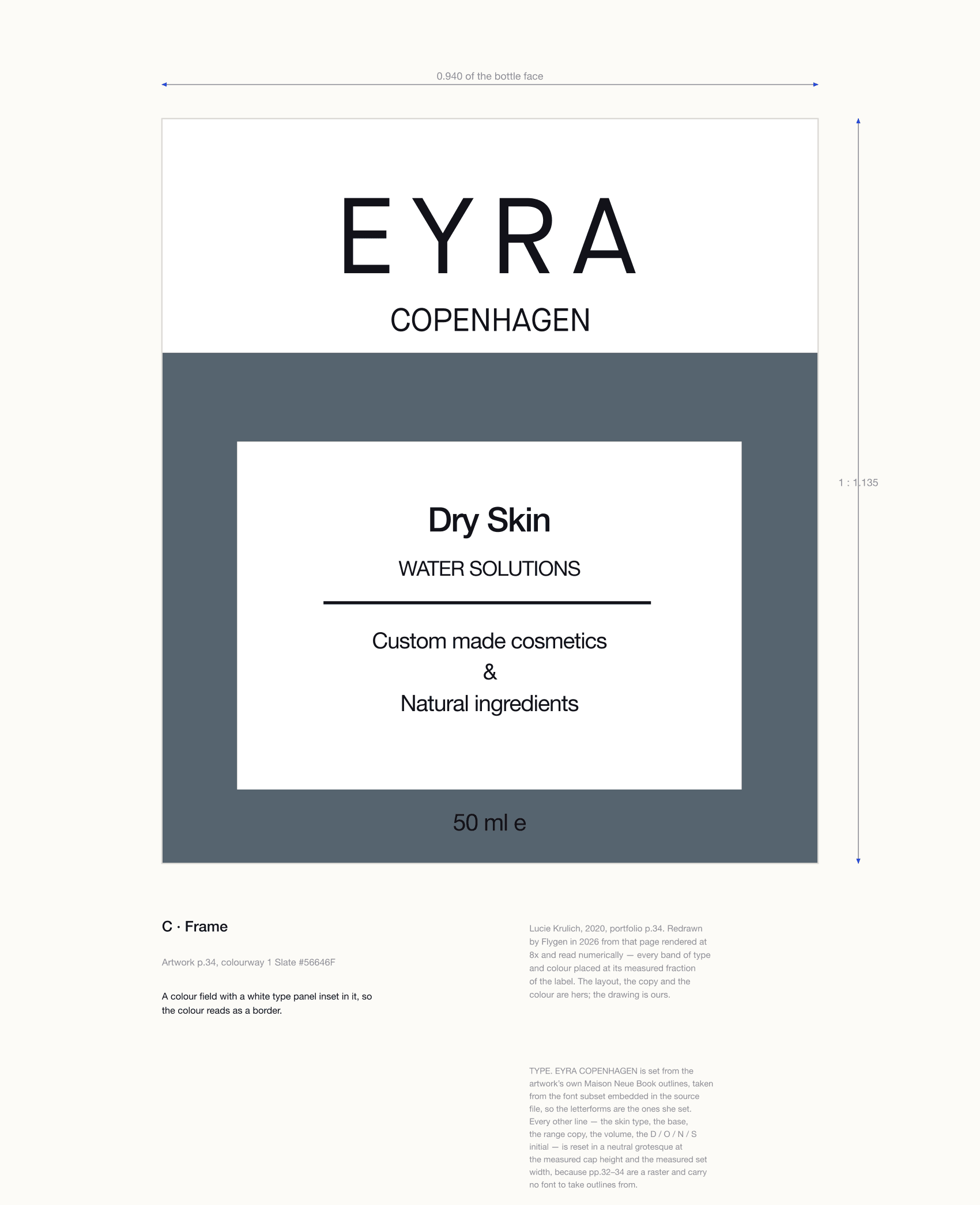 A drawn label plate: the EYRA COPENHAGEN wordmark on white at the top of the label, then a slate field filling the lower two thirds with a white type panel inset in it carrying Dry Skin, WATER SOLUTIONS, a rule and the range copy, with 50 ml e on the slate below.