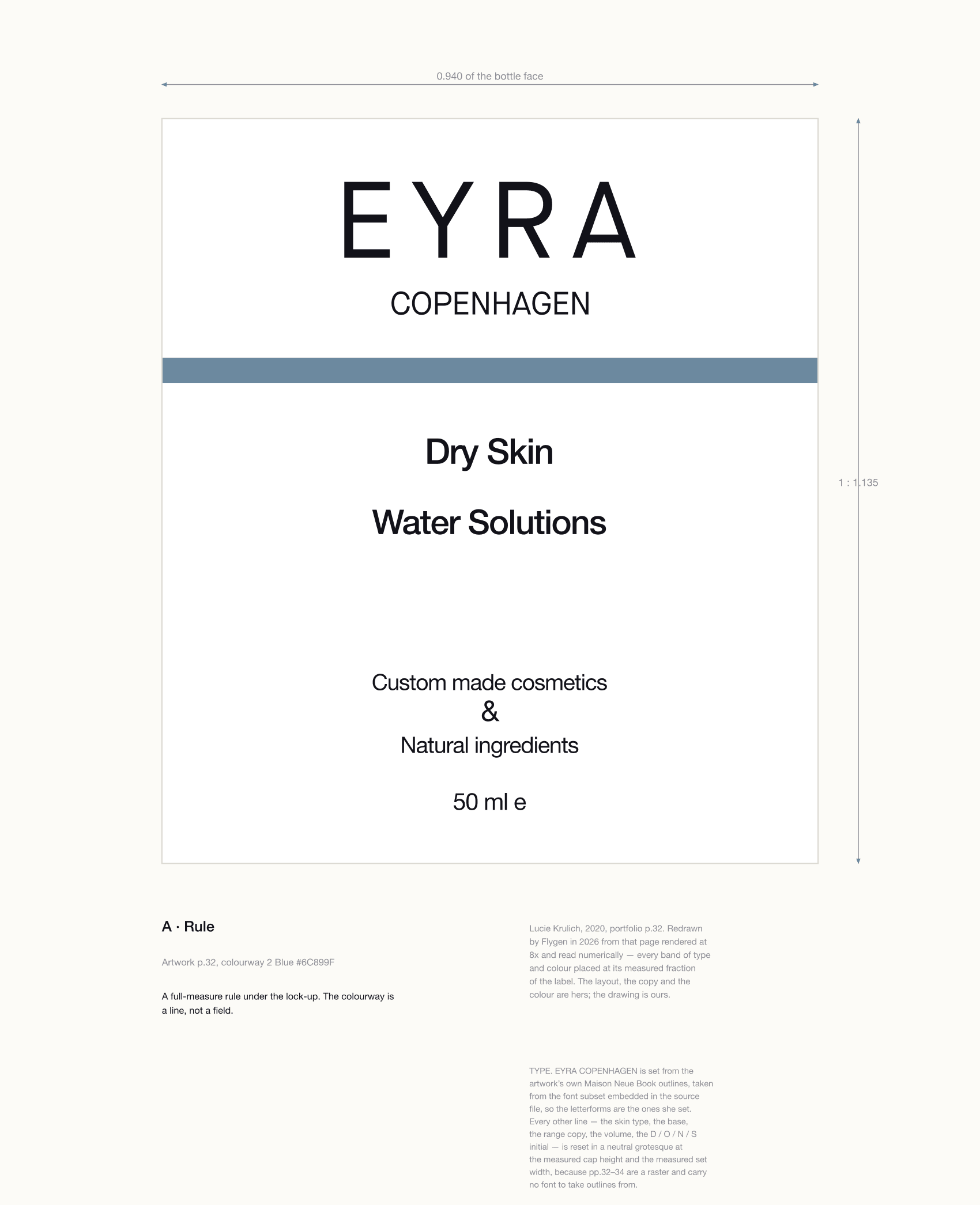 A drawn label plate: the EYRA COPENHAGEN wordmark at the top of a white label, a full-width blue-grey rule beneath it, then Dry Skin, Water Solutions, Custom made cosmetics & Natural ingredients, and 50 ml e.