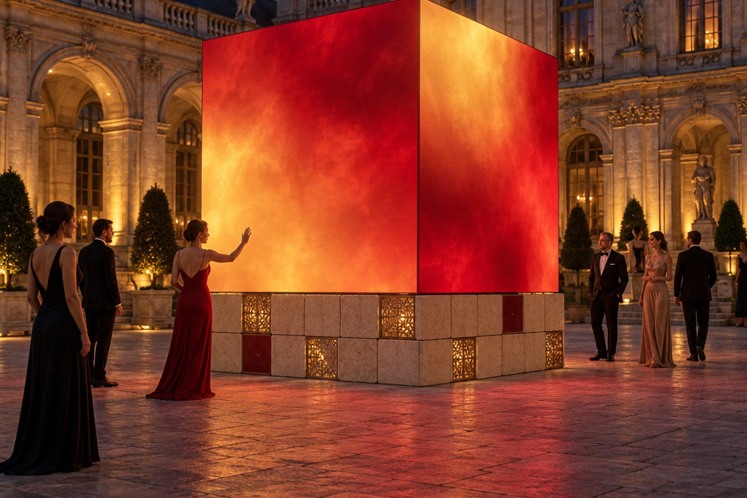 AI-generated visual: a three-metre luminous cube washing crimson and gold across two faces, standing on a two-course plinth of 400 mm blocks with lit brass lattice cells set into it, in a baroque palace forecourt at blue hour with guests around it.