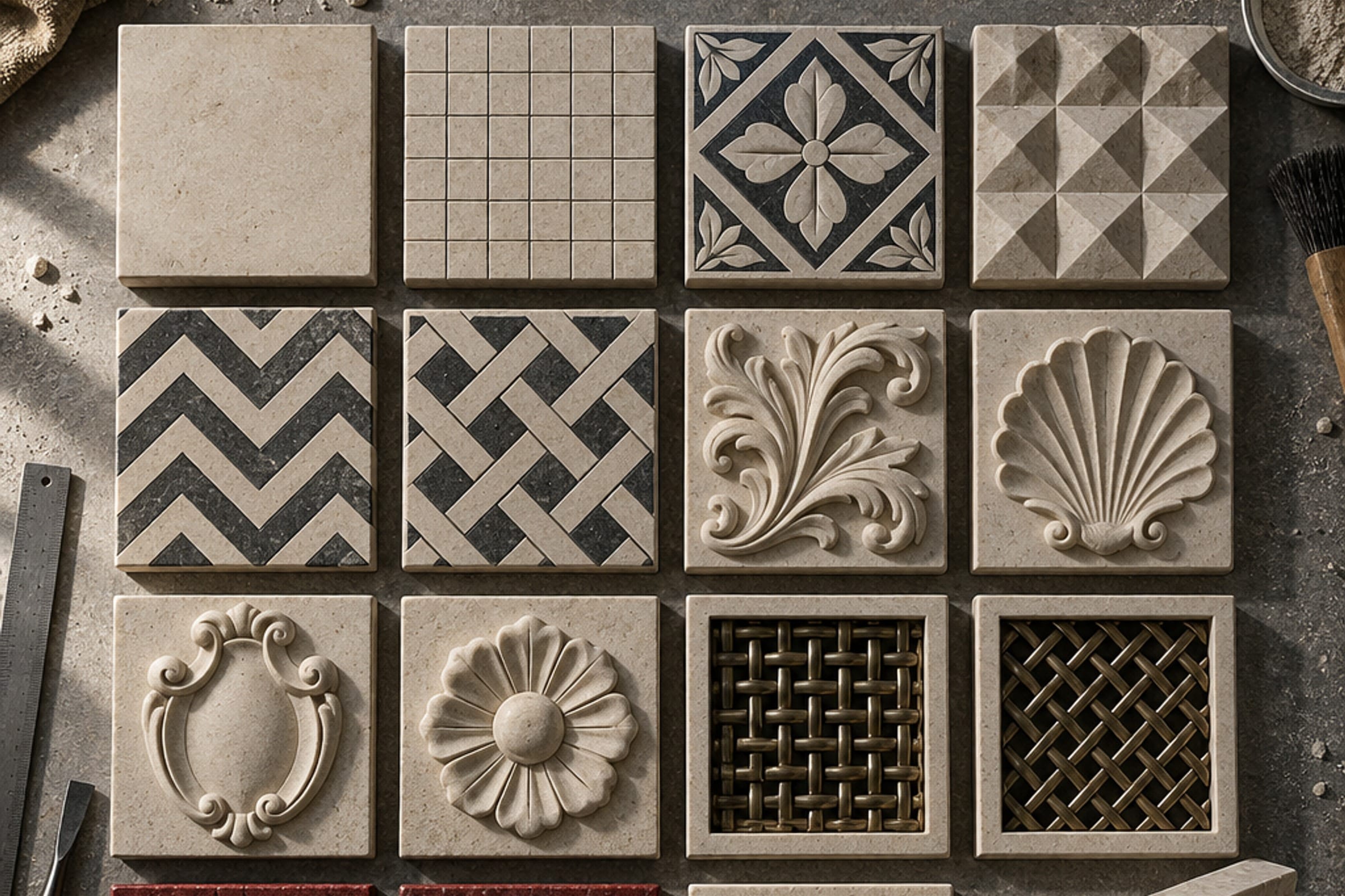 AI-generated visual: sixteen square cast-stone trial tiles in a four-by-four grid under raking light, running from a plain face through incised sgraffito to deep cast relief, with two of woven brass lattice and two pigmented crimson.