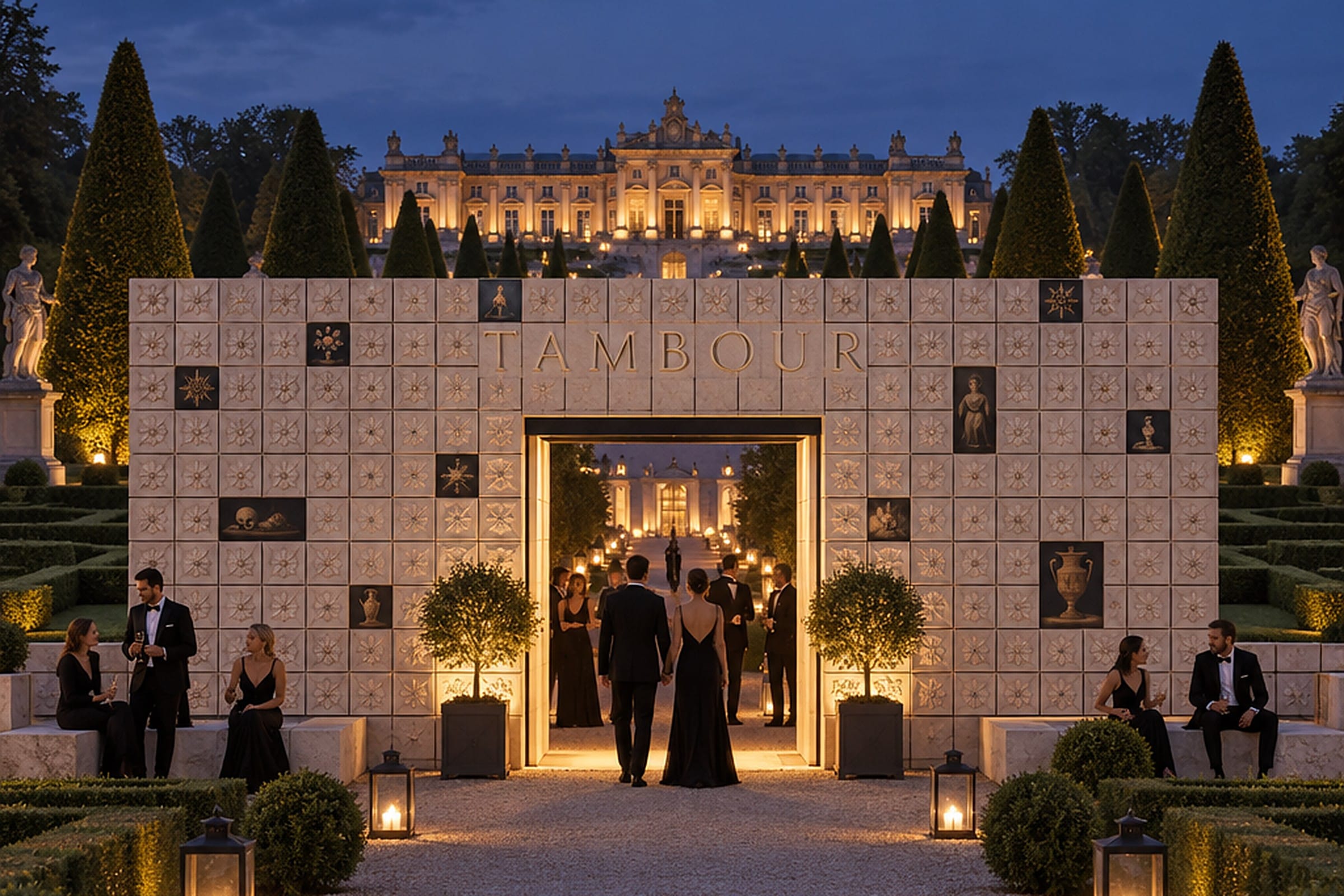 AI-generated visual: a long view down a baroque palace garden at blue hour — a gravel allée between clipped topiary and low parterres, the lit palace across the full width behind, and in front a gateway wall of 400 mm cast stone cubes, each face carrying a shallow rosette relief, dark painted panels set into the grid, the name TAMBOUR cast in relief across its upper courses, and a square opening under a dark steel lintel lit warm from within, with guests in evening dress walking through it and others sitting on the knee-height block benches either side.