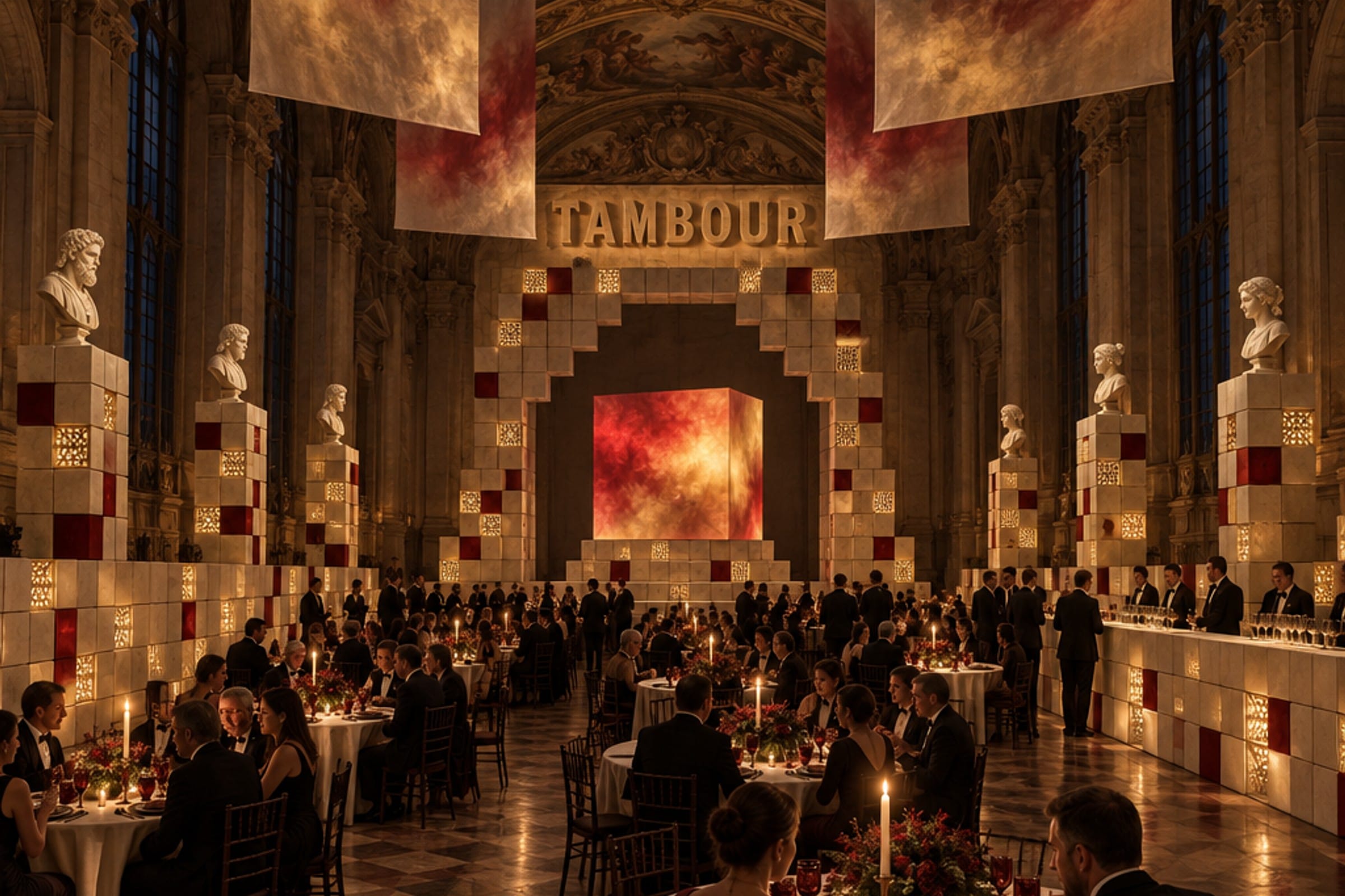 AI-generated visual: a baroque hall dressed for a gala, its screens, bust plinths, bar front and stepped stage surround all built from the same 400 mm cubes, lit brass lattice cells scattered through them, TAMBOUR cast in relief above the stage, and hanging canvases over eighteen round tables.