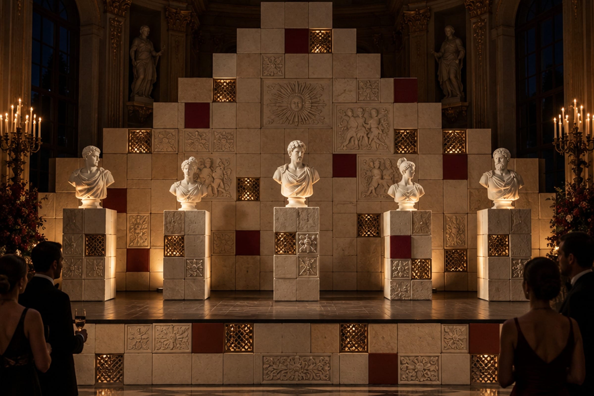 AI-generated visual: a stage riser and stepped surround built from stacked 400 mm blocks in a baroque hall, with five block plinths carrying lit marble busts in front of it, brass lattice cells and crimson blocks set into the courses, under hard raking light.