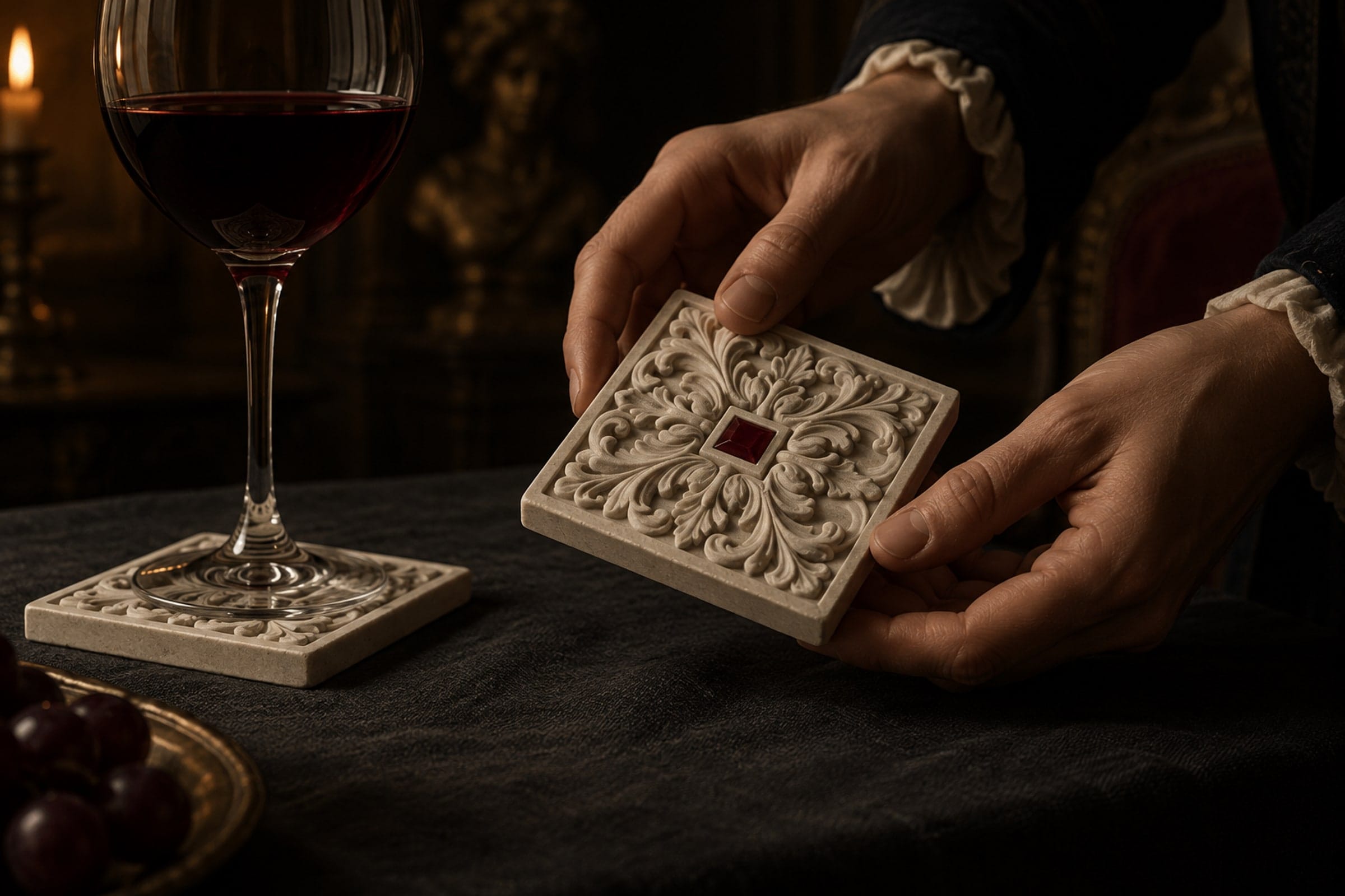 AI-generated visual: two hands holding a 100 mm cast tile with deep baroque relief and a crimson square at its centre, raked by a single low light, with an identical tile under the foot of a glass on the dark cloth beside it.