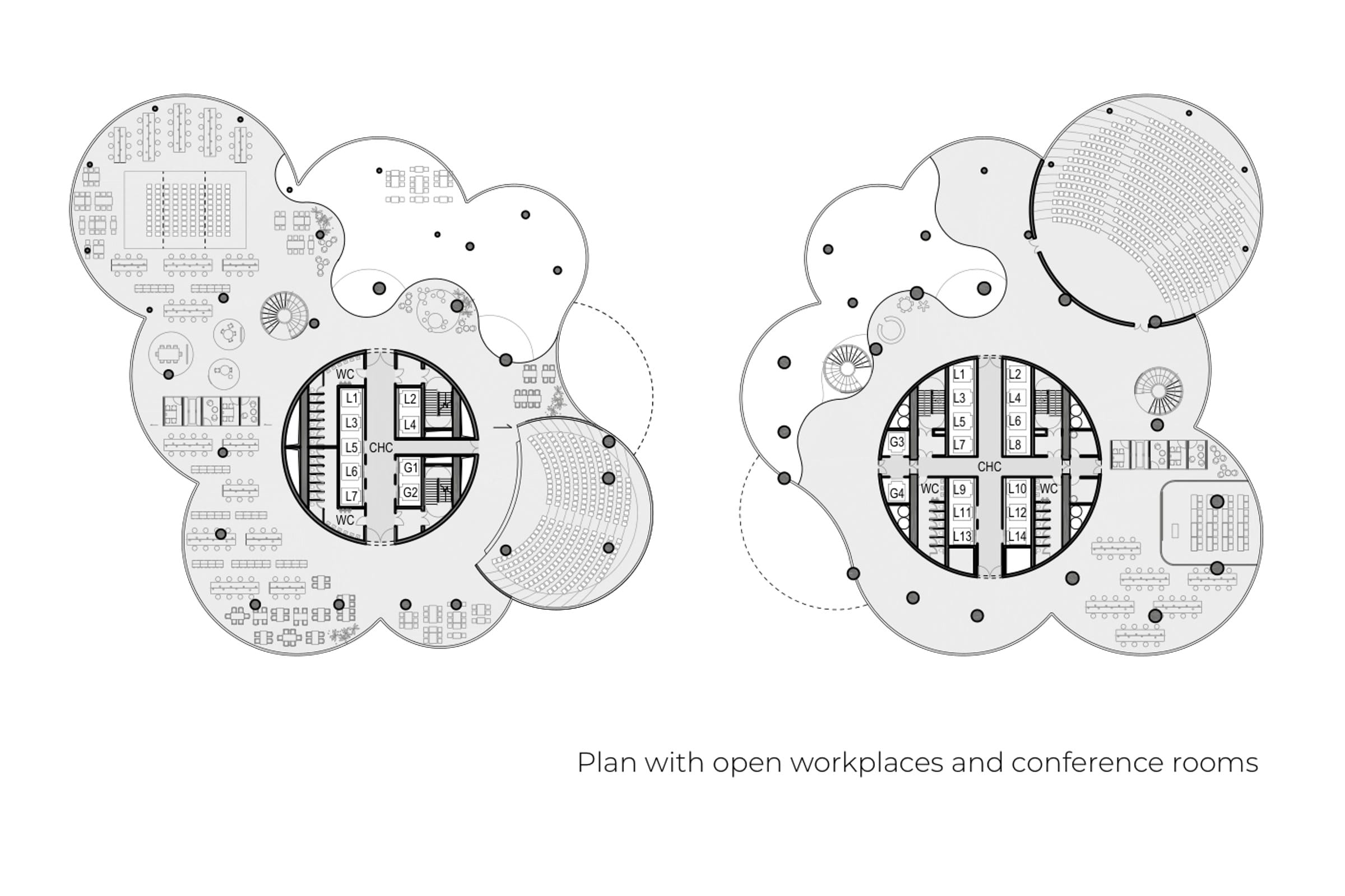 Two pale floor plans made of overlapping circles of different sizes, each circle a room or workspace with furniture drawn in, captioned plan with open workplaces and conference rooms.