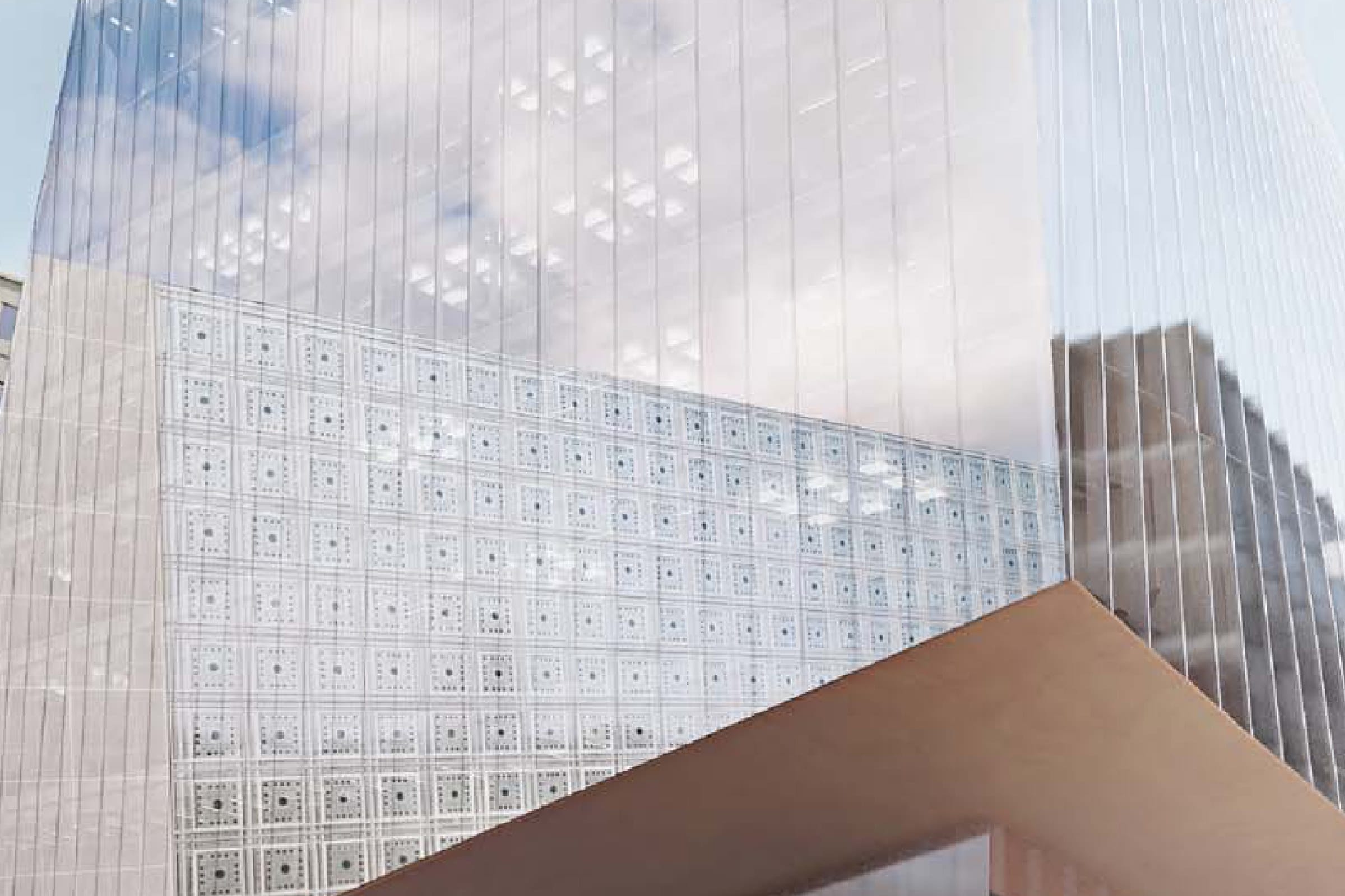 Close render of the building’s façade: a finely perforated metal screen with a square pattern set in front of a glazed wall, with the bronze-coloured canopy cutting across the bottom of the frame.