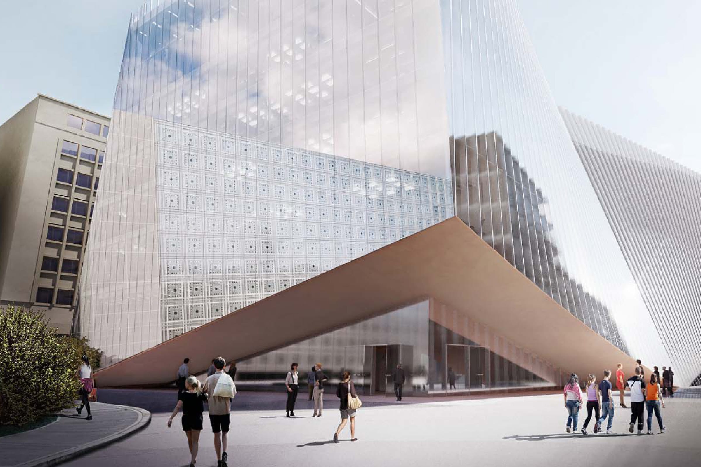 Street-level render of a research building in Paris: a faceted glass volume with a finely perforated screen rises behind a long bronze-coloured canopy that sweeps down to the ground, with people walking across the plaza in front of it.