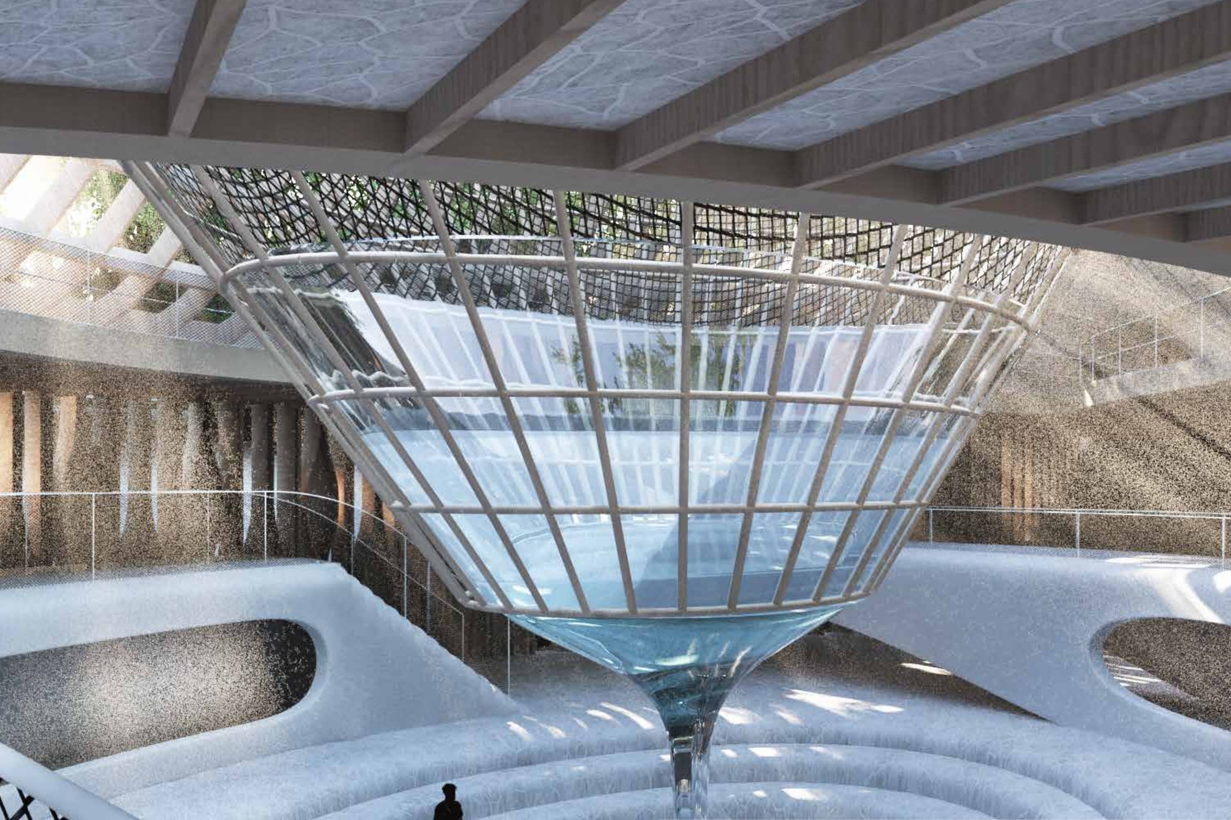 Interior render looking up at a large inverted cone of glass and timber hanging from a beamed roof, water visible inside it draining to a thin spout, with concentric stepped terraces and a shallow pool below and seated figures on the steps.