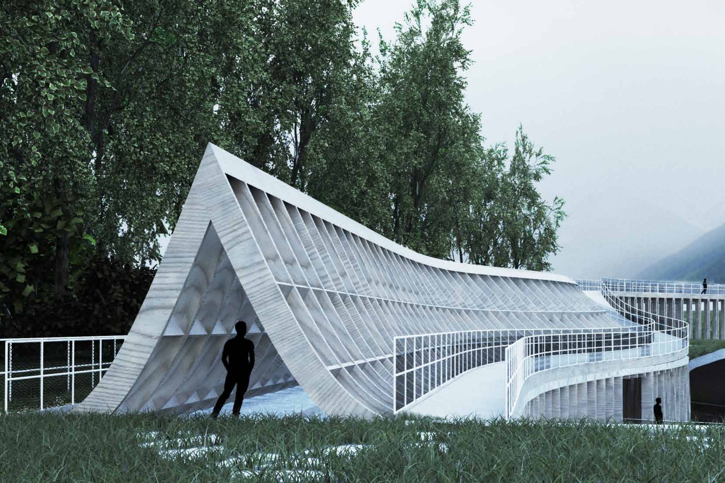 Exterior render of the pavilion in a wooded valley: a pale ribbed timber shell rises to a sharp prow where a wall twists into a roof, with a slim balustraded boardwalk curving up over the roof and a single figure standing at the opening for scale.