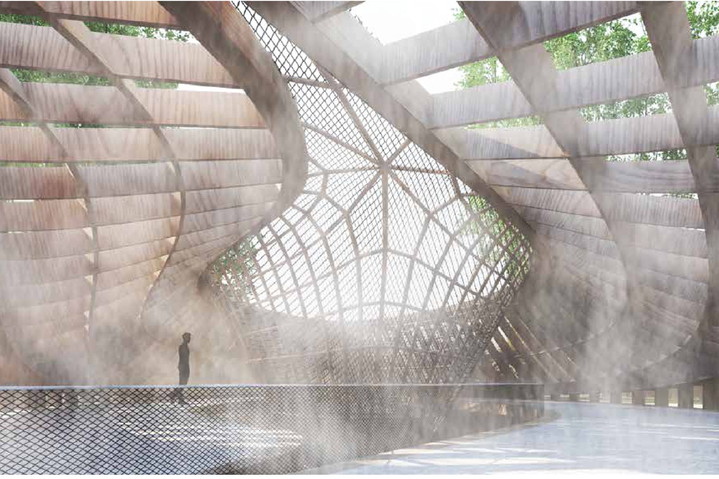 Interior render under the pavilion canopy: closely spaced curved timber ribs sweep overhead and down into a mesh-clad funnel, with fine mist drifting through the space and a small figure standing at the far edge.