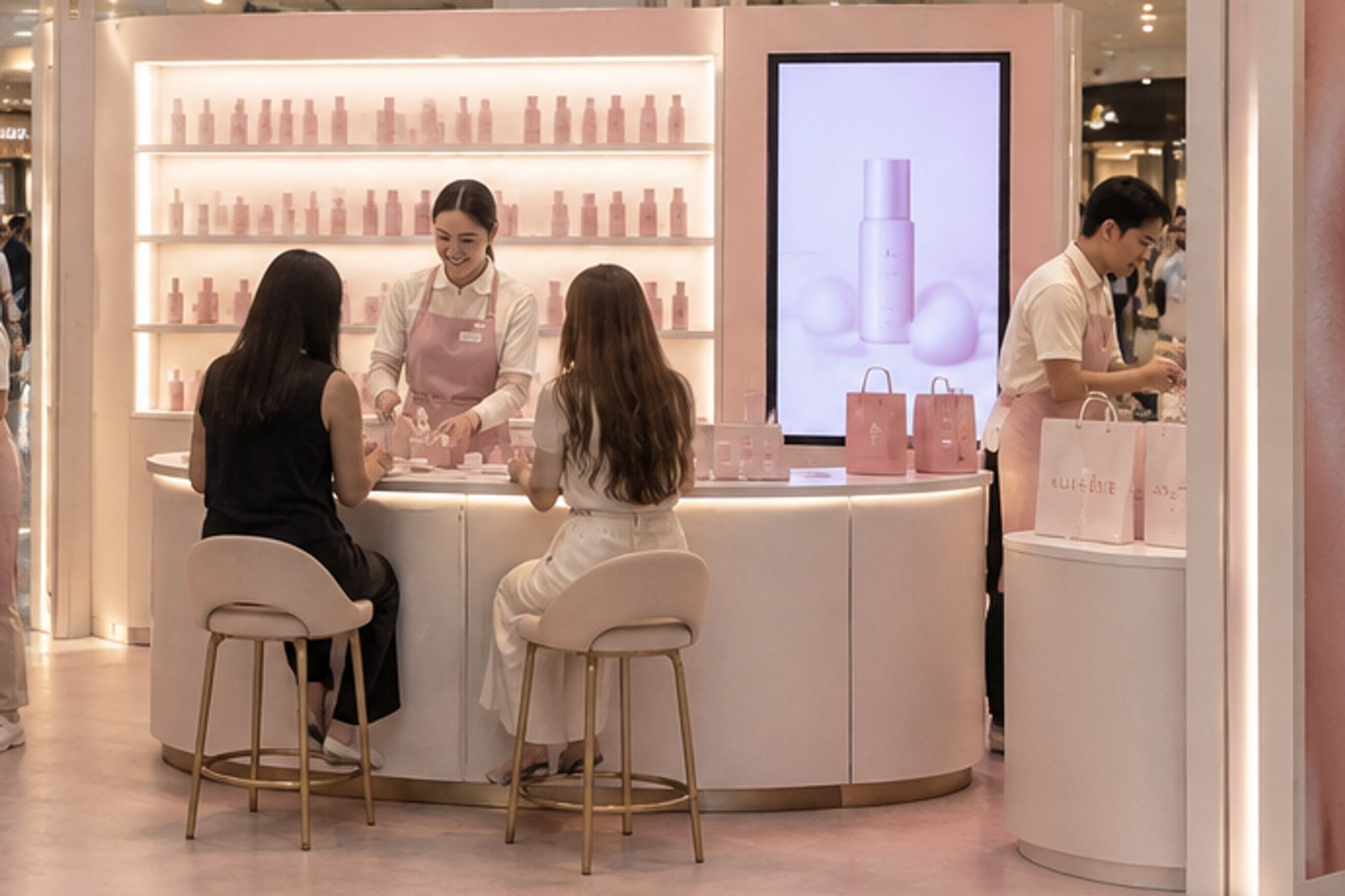 AI-generated visual: two visitors seated at a curved sampling counter while a member of staff works a product in front of them, with a lit product wall behind.