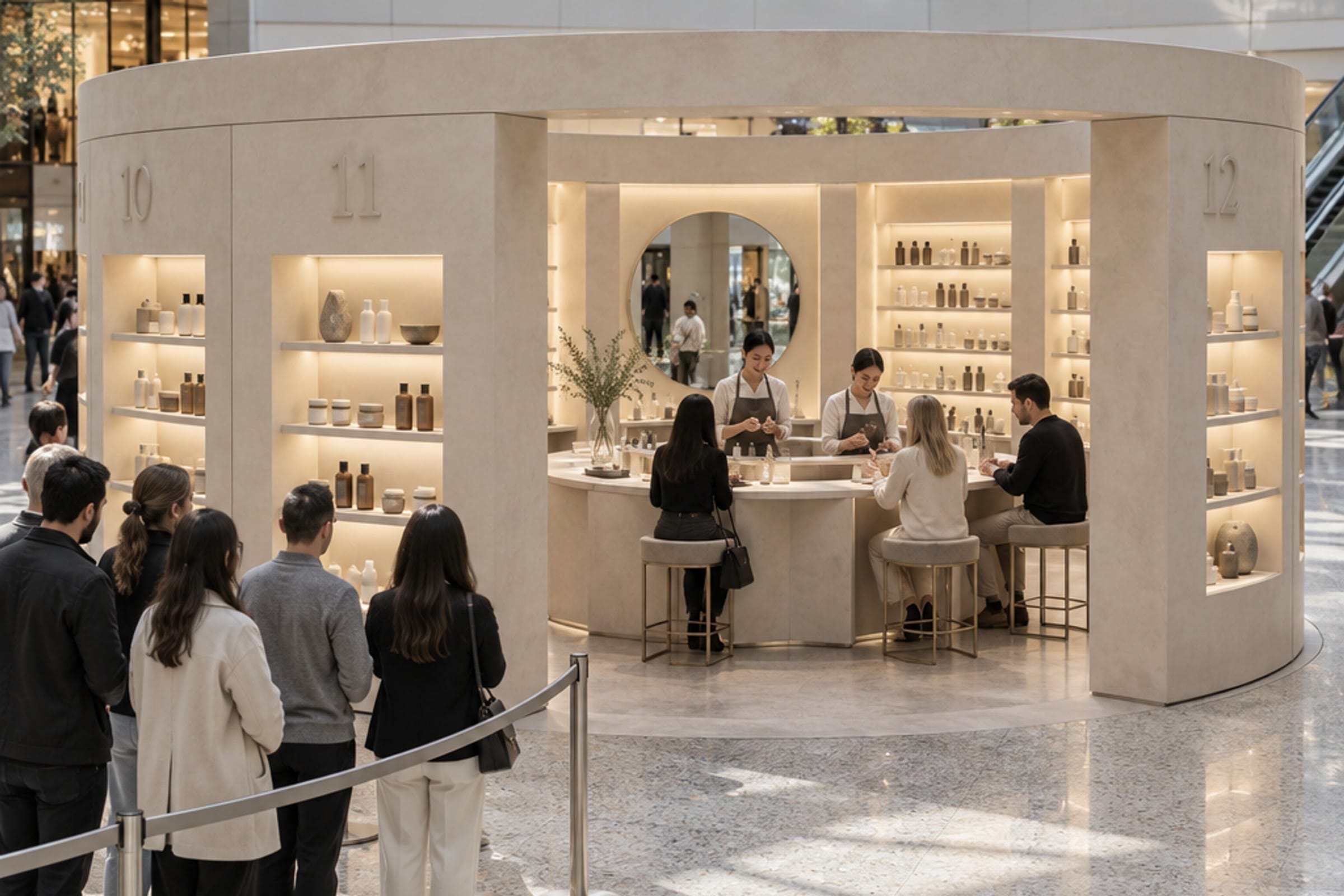 AI-generated visual: a free-standing ring of pale plaster in a shopping-centre atrium, its twelve bays holding lit shelves of product, with a circular sampling bar at the centre and a queue waiting outside a curved rail.