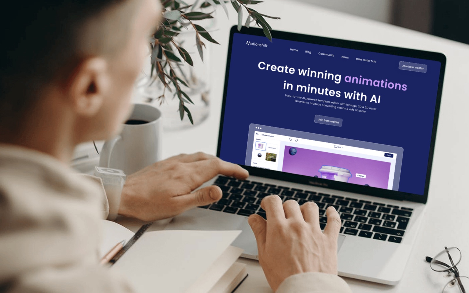 A person at a laptop showing the Motionshift homepage, “Create winning animations in minutes with AI”, beside a coffee mug.